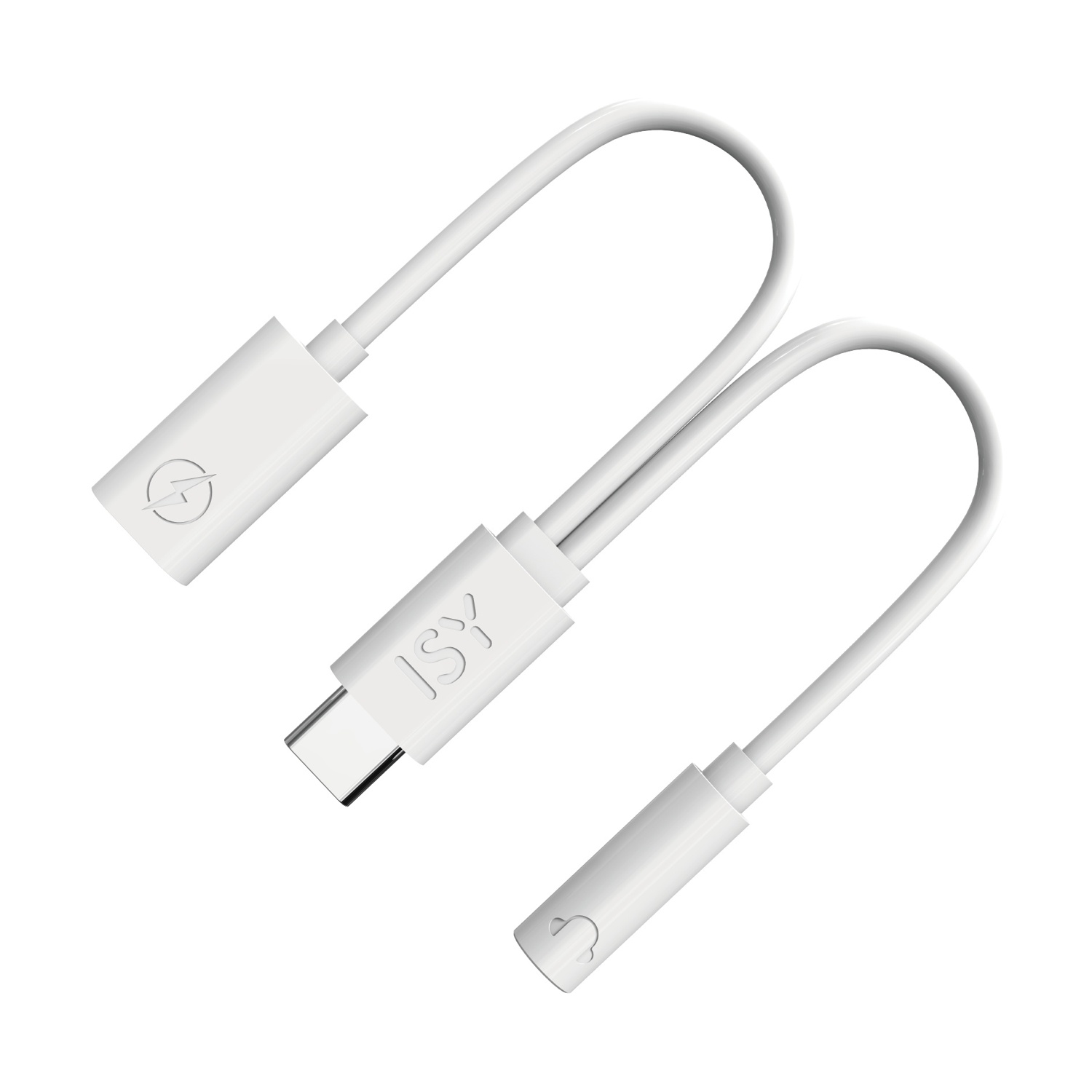 Due adattatori USB-C ISY bianchi con cavi curvi. Uno ha un fulmine, l'altro un simbolo di cuffia, entrambi su sfondo bianco.