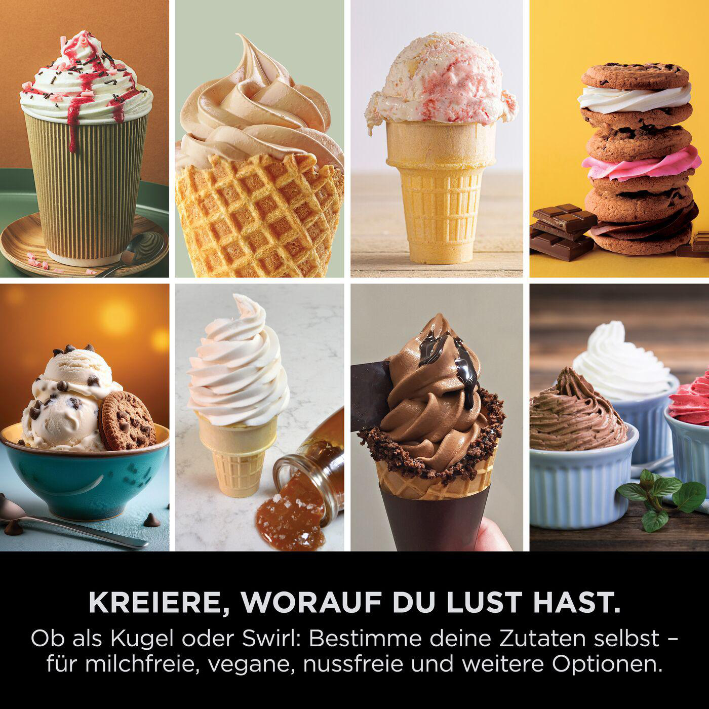 Collage von Eisoptionen: Becher mit Belag, Waffelhörnchen-Swirl, Erdbeer-Kegel, Keks-Sandwich, Schüssel, Kegel, Schokoladen-Kegel und Becher.