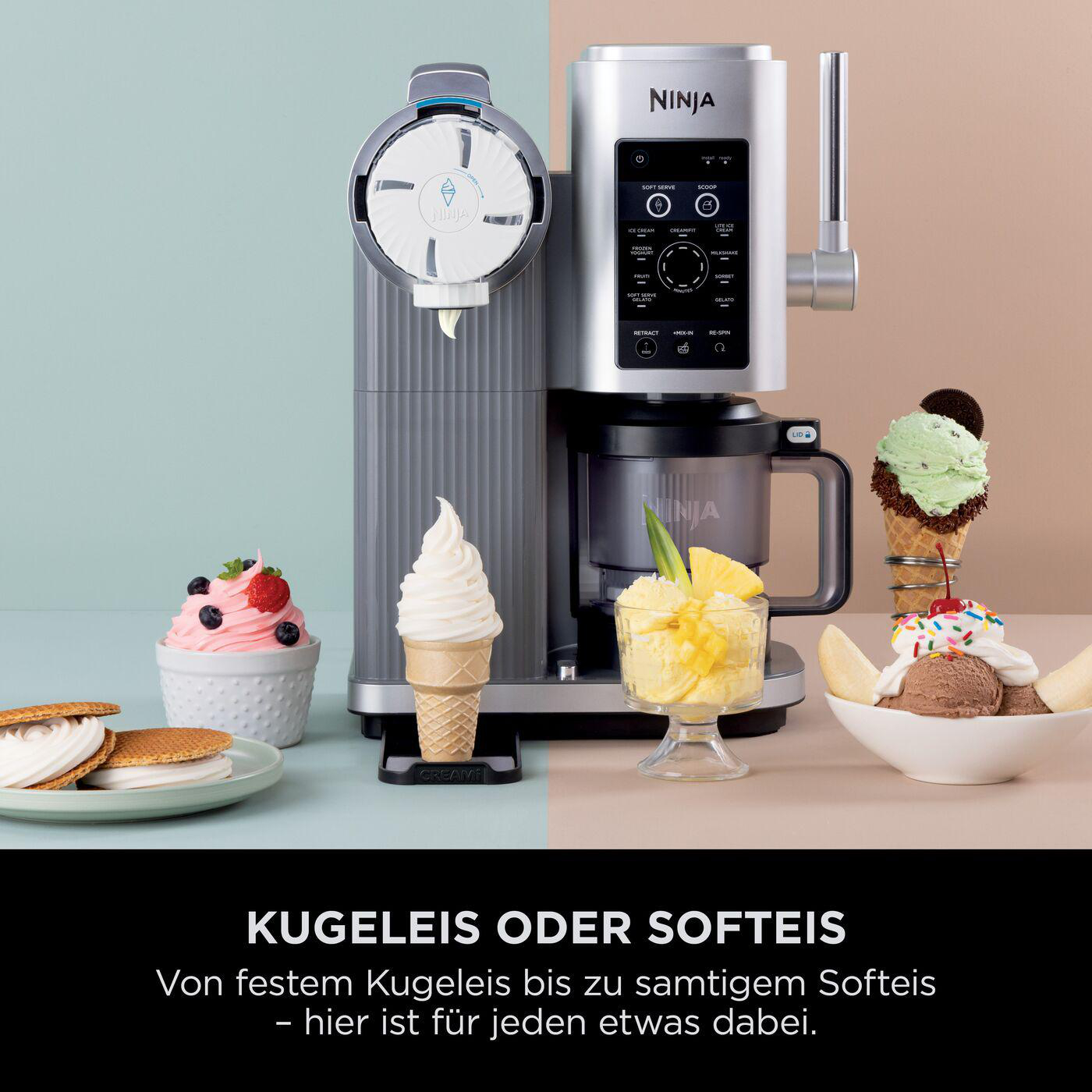 Ninja Creami-Maschine mit Eis, Sorbet und Desserts davor. Text: 'Eis oder Softeis'.