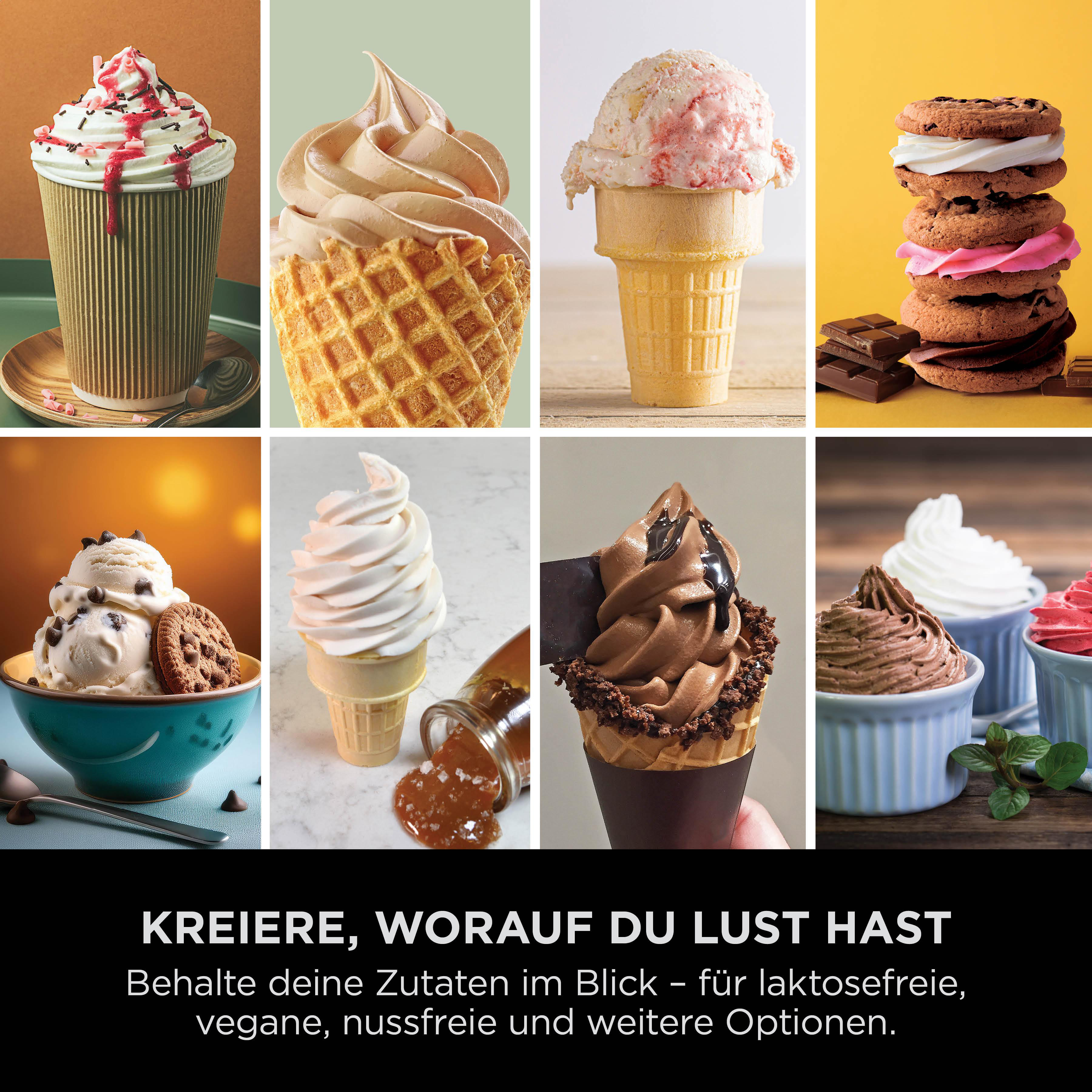 Das Bild zeigt verschiedene Eiscreme-Desserts. Es gibt Kaffee, Waffelhörnchen, Eiscreme-Sandwiches und Eiscreme in einer Schüssel.