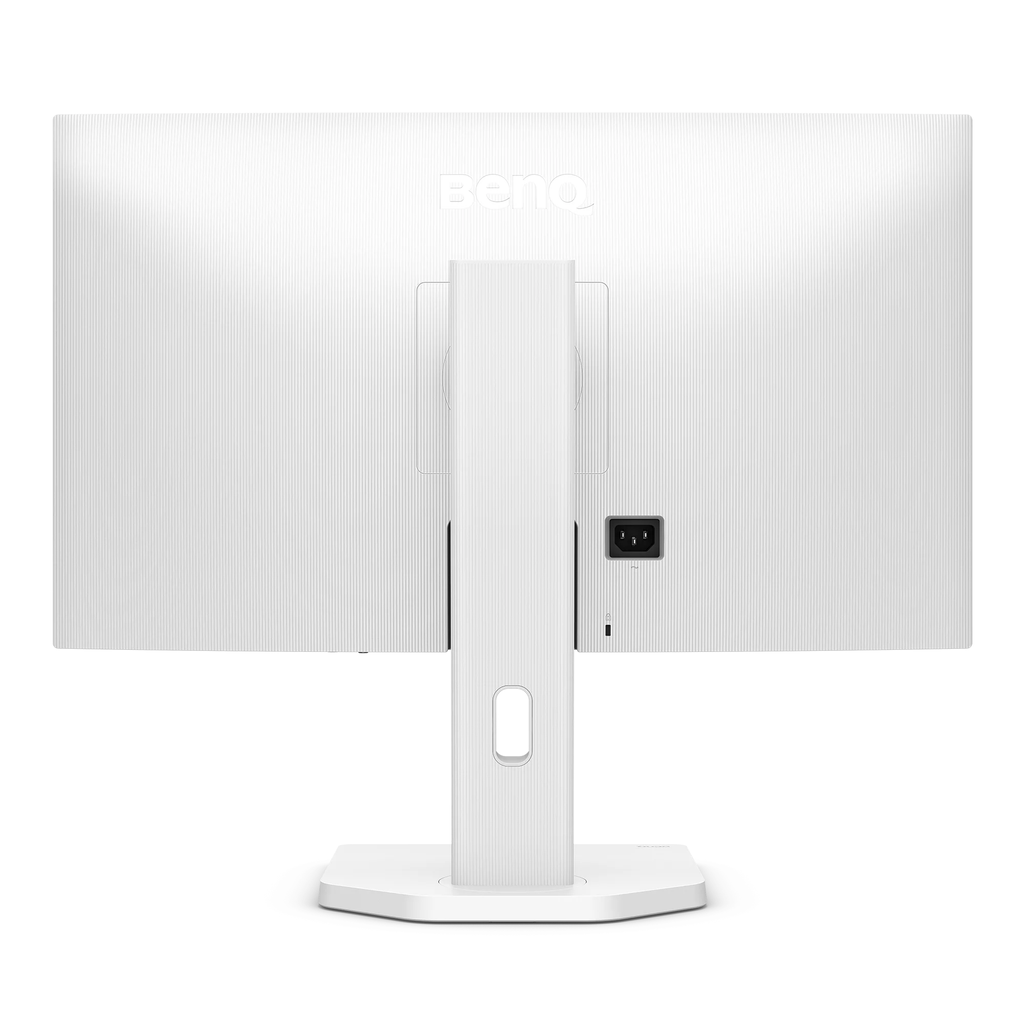 Rückseite eines weißen BenQ-Monitors. Merkmale sind der Ständer, der Stromeingang und die strukturierte Oberfläche. Das BenQ-Logo ist sichtbar.