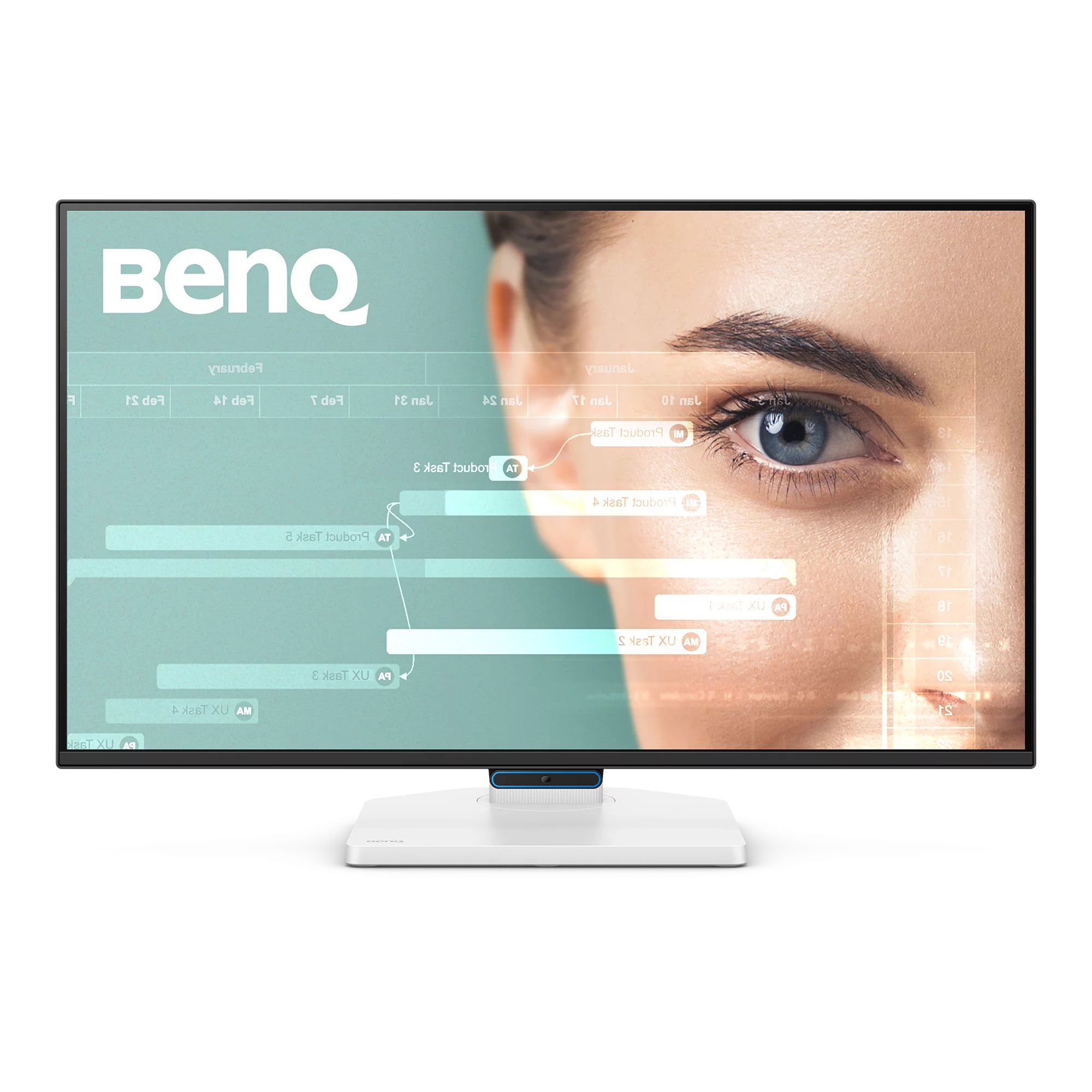 Ein BenQ-Monitor zeigt ein Gesicht und eine Benutzeroberfläche. Der Bildschirm zeigt Diagramme und Daten. Der Monitor steht auf einem weißen Ständer.