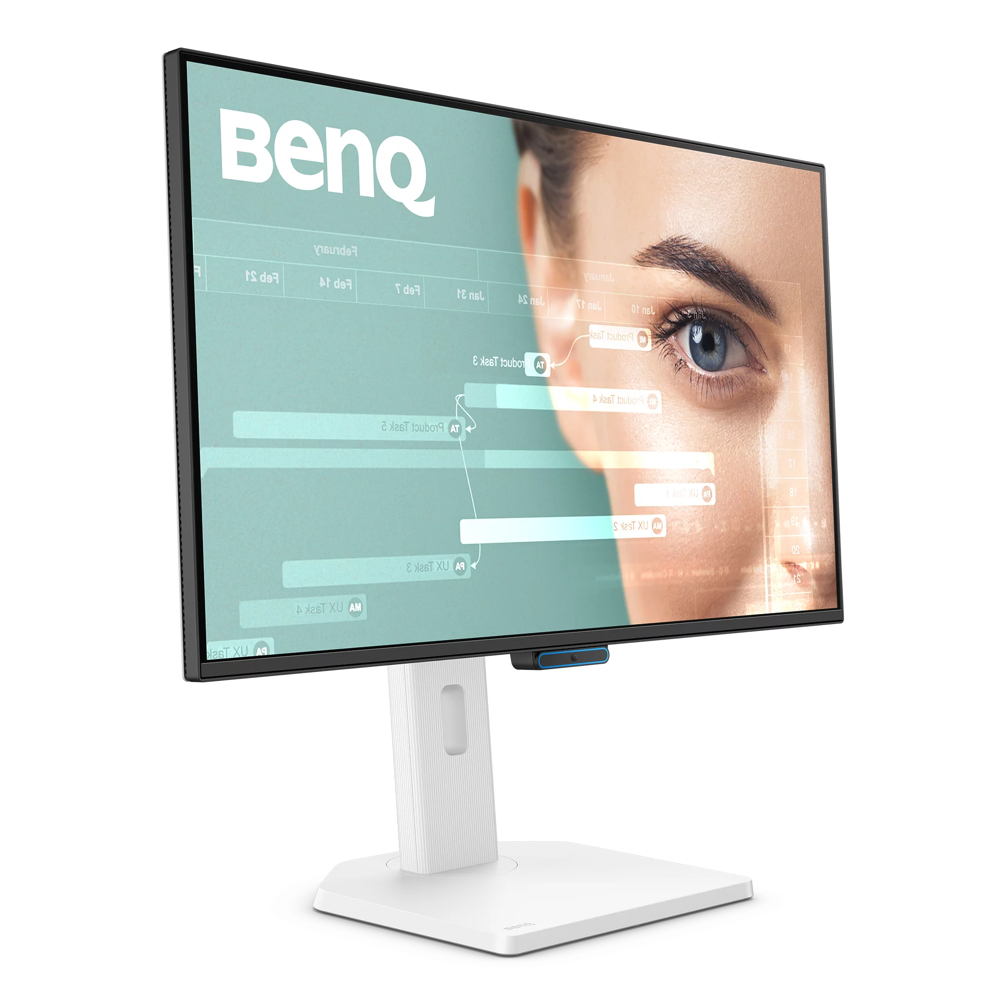 Ein BenQ-Monitor zeigt ein Gesicht mit einem Auge auf dem Bildschirm. Der Monitor hat einen weißen Fuß und Ständer.