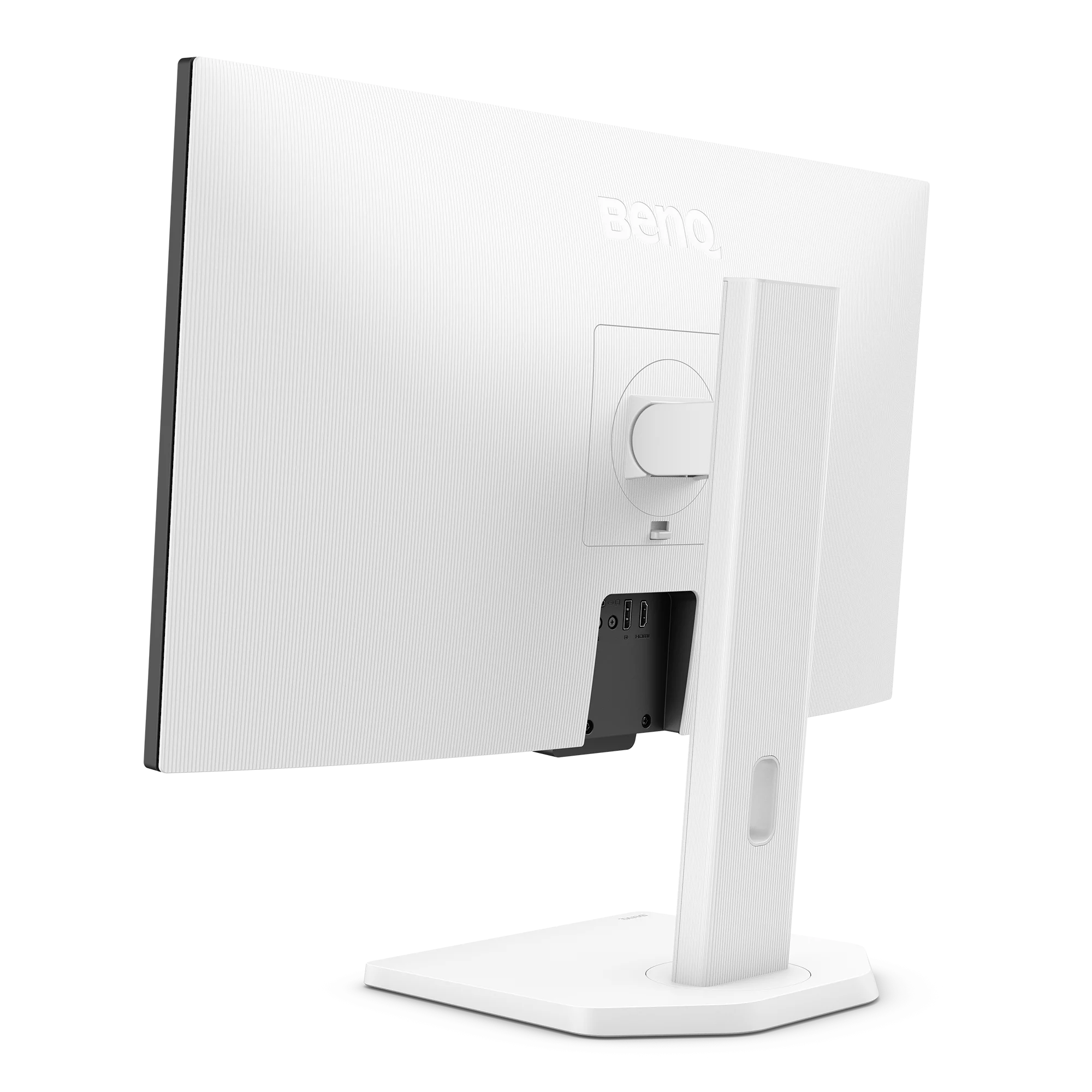 Weiße BenQ-Monitor, Rückansicht. Er hat einen Ständer, Anschlüsse und das BenQ-Logo. Die Oberfläche hat vertikale Linien.