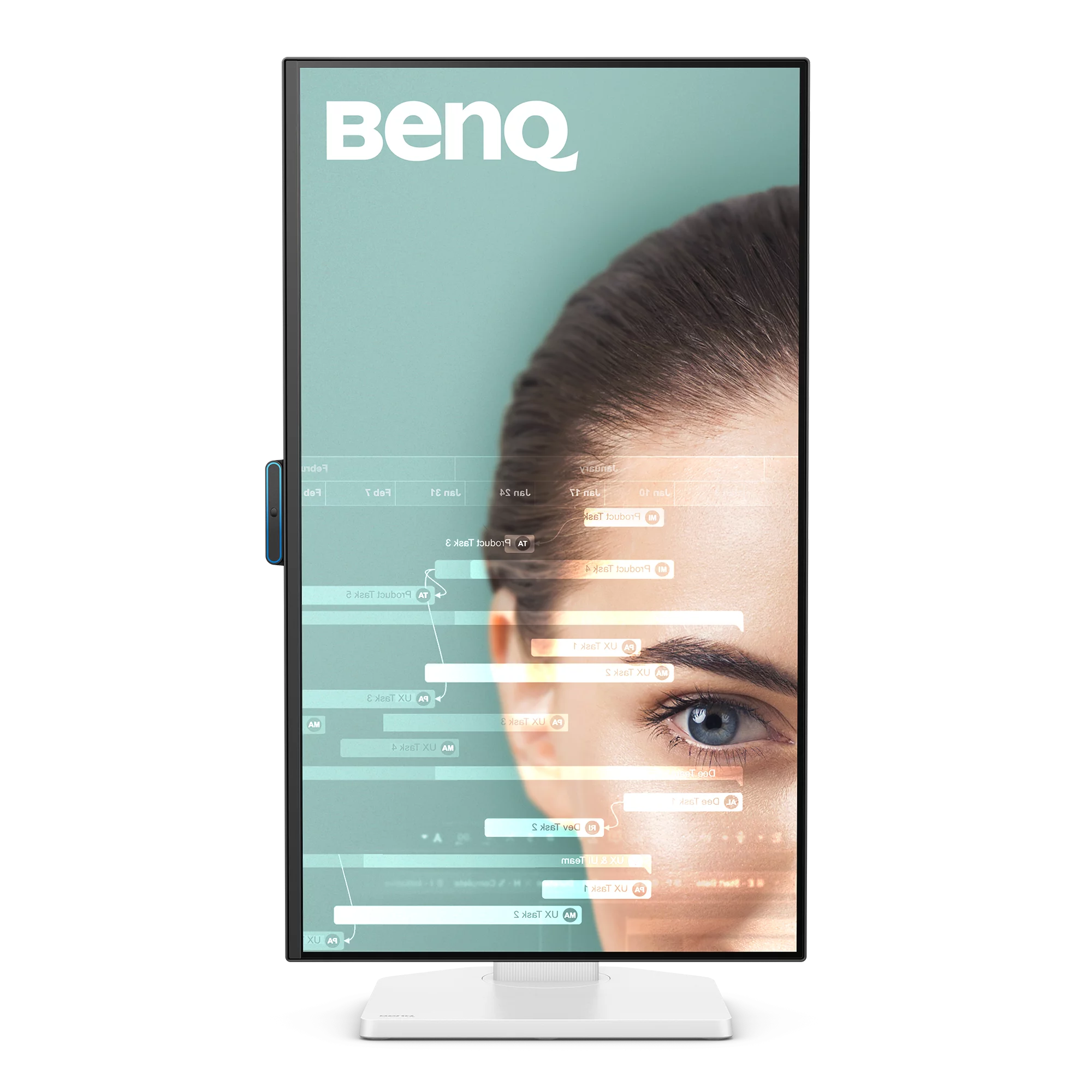 Ein BenQ-Monitor zeigt das Gesicht einer Frau. Der Bildschirm zeigt eine Benutzeroberfläche. Der Monitor hat einen weißen Fuß und einen schwarzen Rahmen.