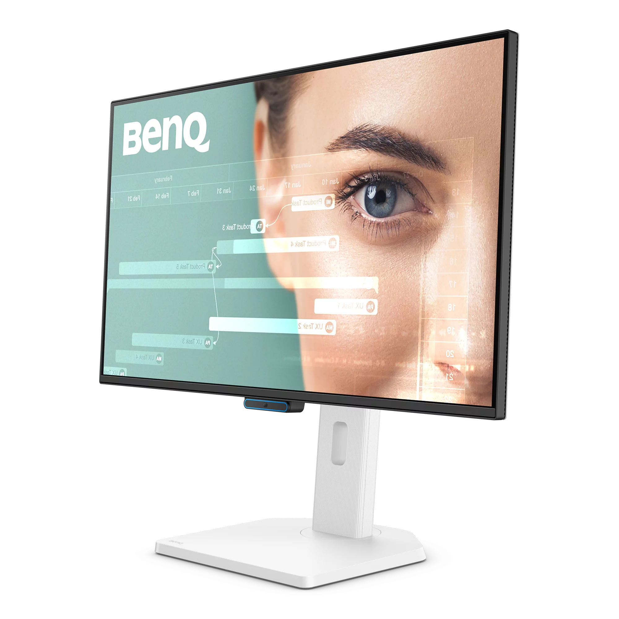 Ein BenQ-Monitor zeigt ein Gesicht und Infografiken. Der Monitor hat einen weißen Ständer. Das Auge ist auf dem Bildschirm sichtbar.