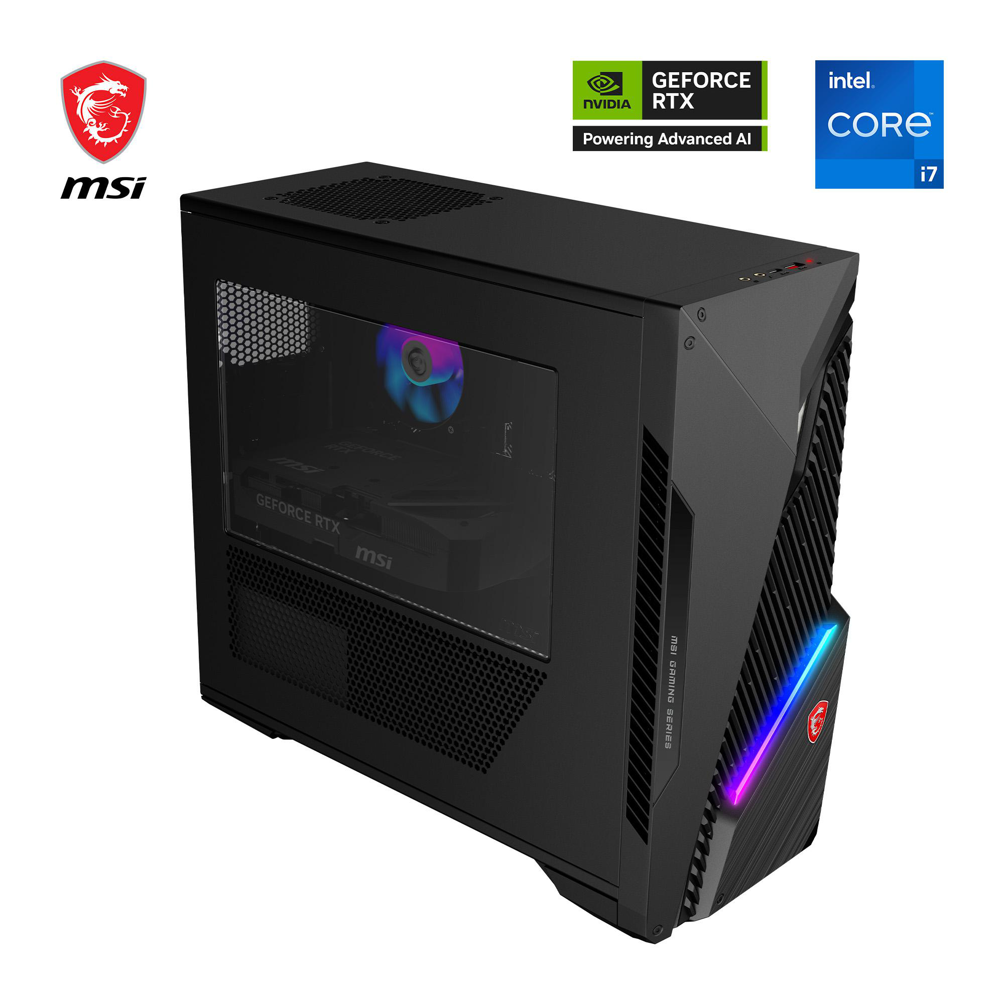 Schwarzer MSI Gaming-PC. Enthält Logos, Glasplatte und beleuchtete Akzente. NVIDIA GeForce RTX und Intel Core i7.
