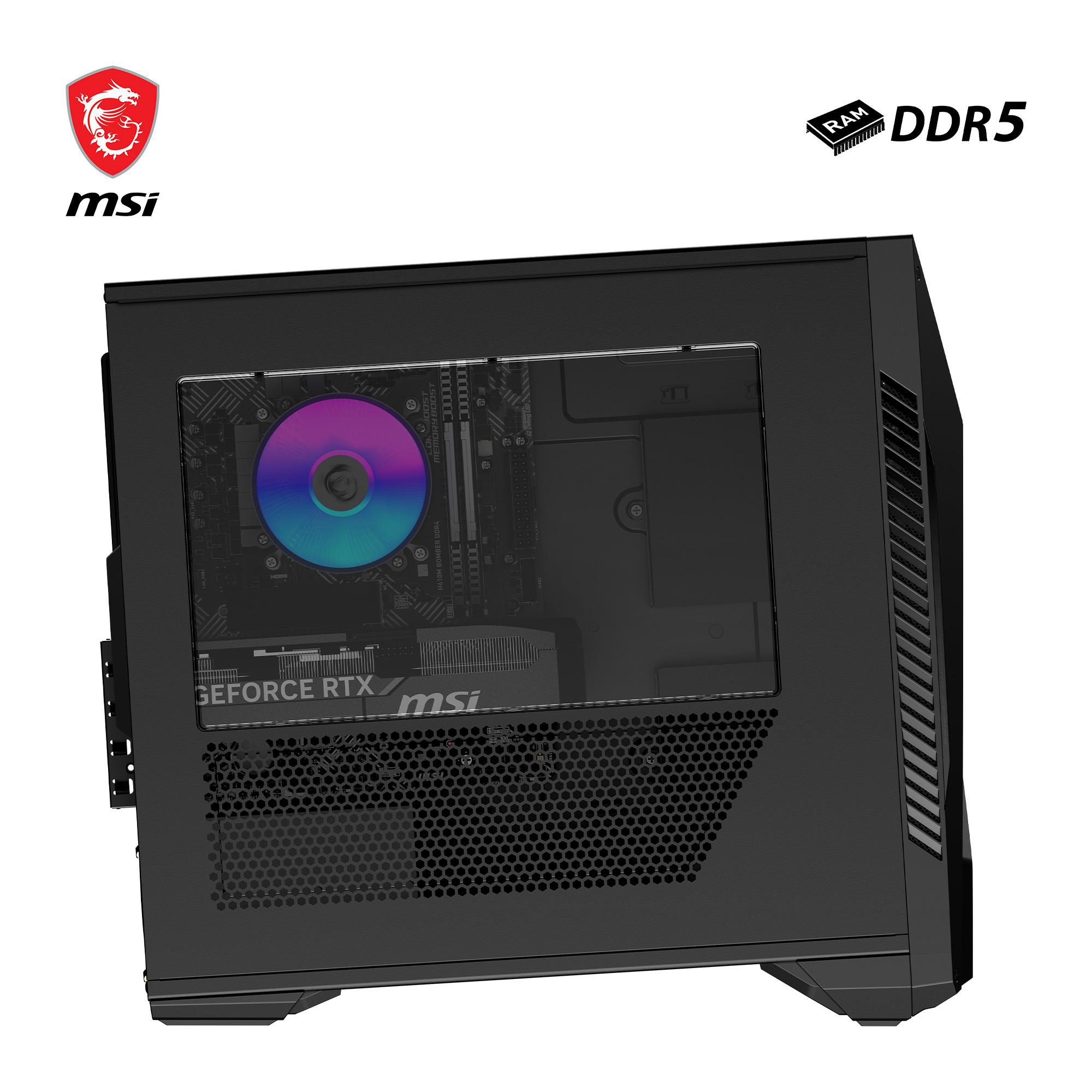 Ein schwarzes MSI-Computergehäuse. Im Inneren ist ein Motherboard mit einem farbenfrohen CPU-Kühler sichtbar. DDR5-RAM ist ebenfalls beschriftet.