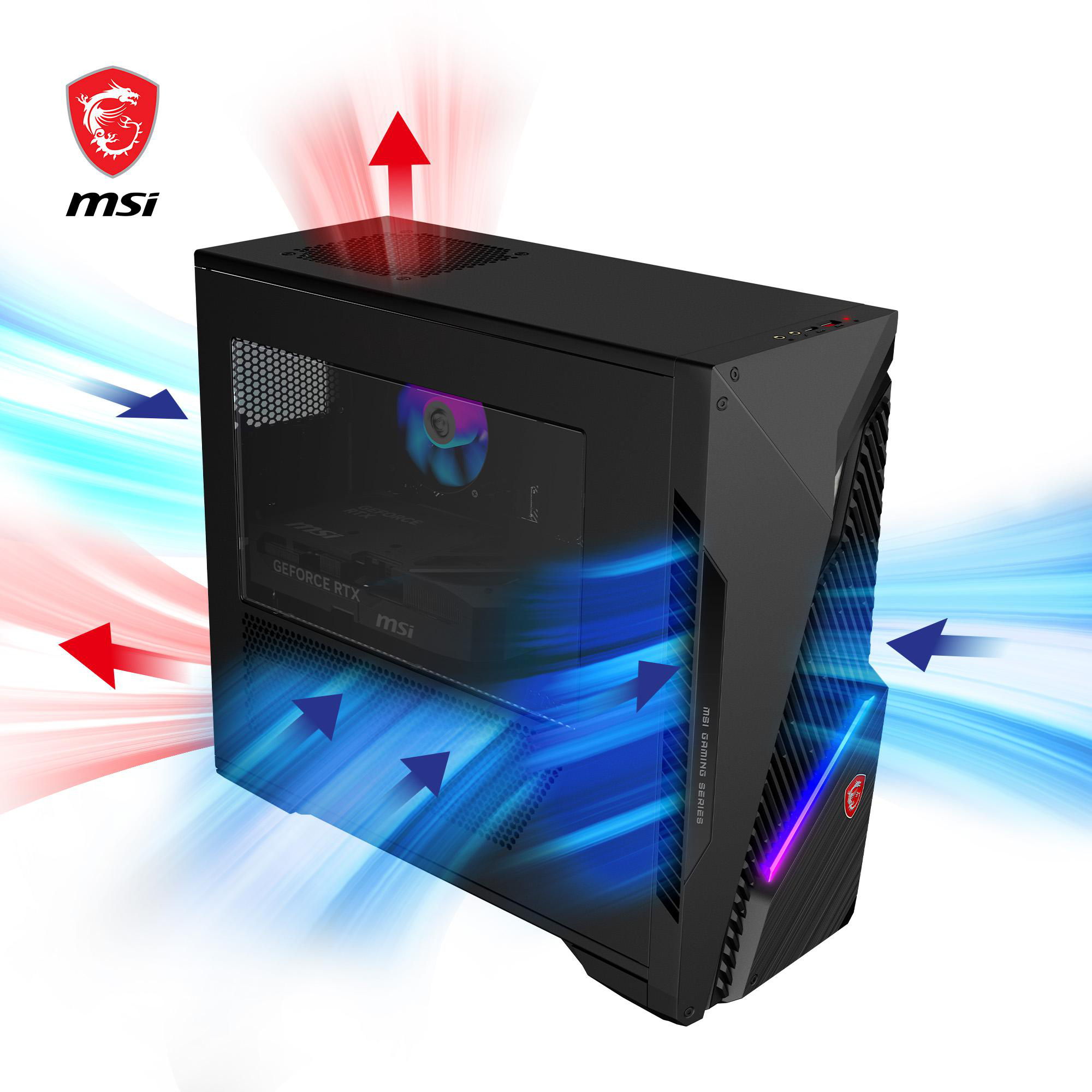 Schwarzer MSI-Gaming-PC mit Luftstromvisualisierung. Rote und blaue Pfeile zeigen die Kühlung. MSI-Logo oben links.