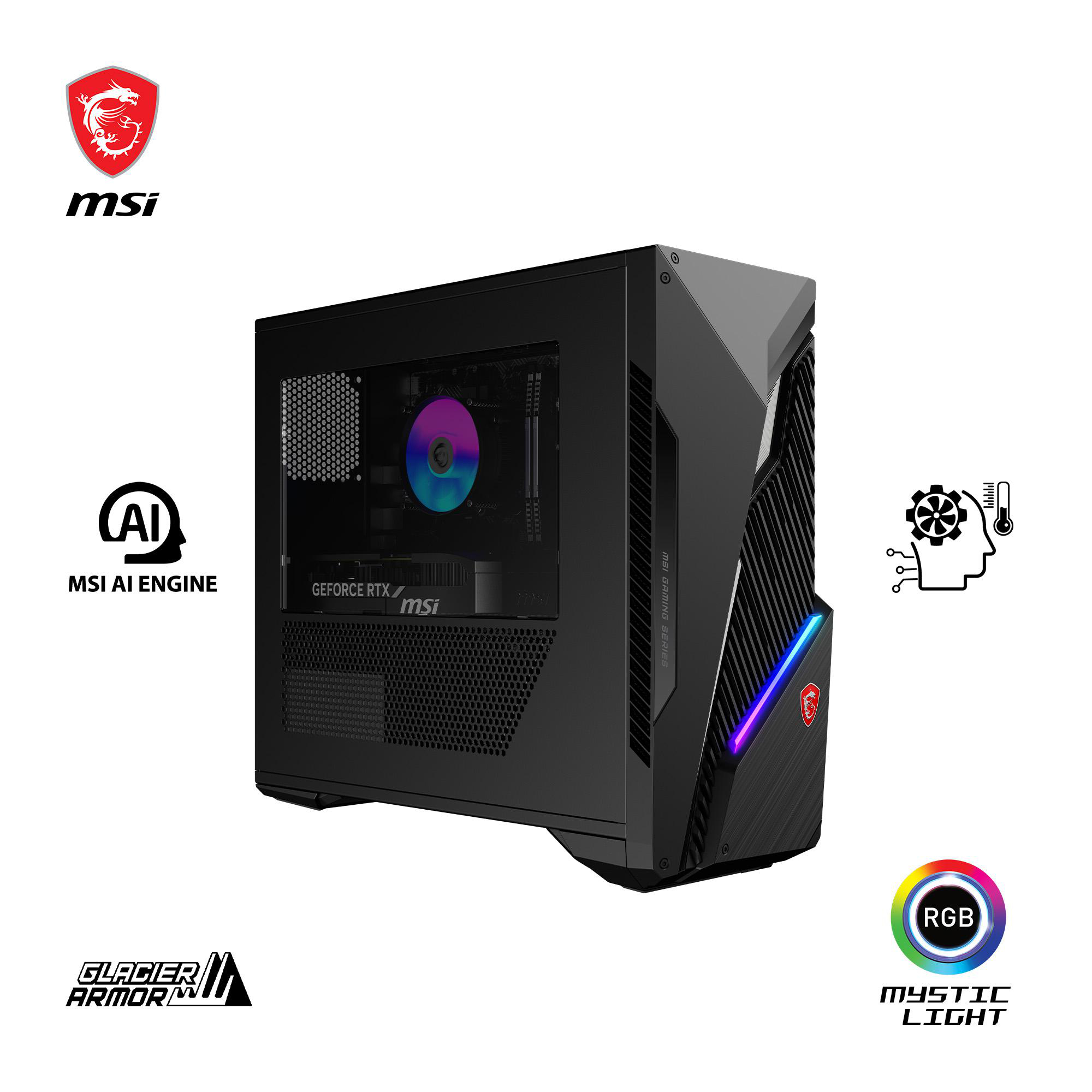 Schwarzer MSI-Gaming-PC. Enthält Logos, RGB-Beleuchtung und verschiedene technologische Labels. Der PC befindet sich im Studio.