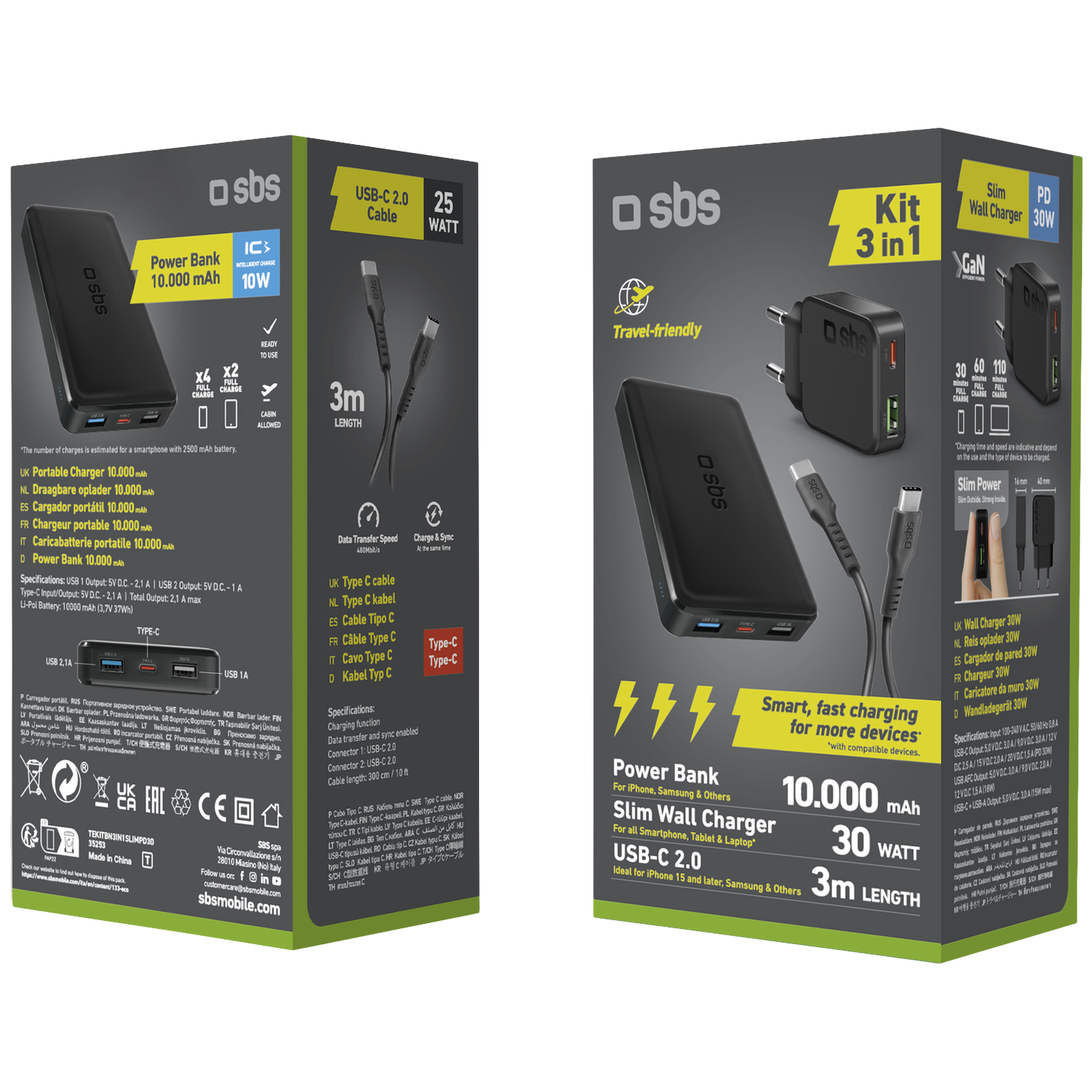 Sbs 3-in-1 Charging Kit 30w Slim Charger 3m Usb-c Cable 10.000 Mah Powerbank Bundle