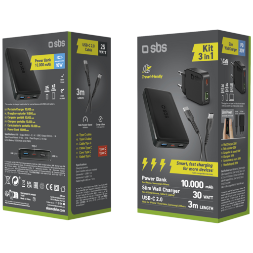 Sbs 3-in-1 Oplaadkit: 30W Slim Oplader, 3m USB-C Kabel, 10.000mAh Powerbank