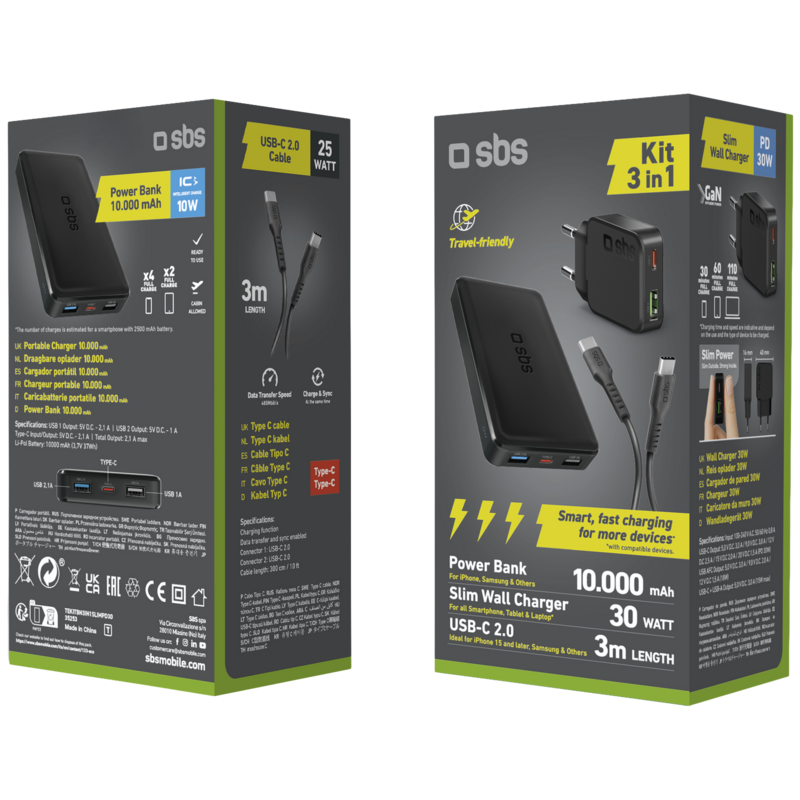 Sbs 3-in-1 Oplaadkit: 30W Slim Oplader, 3m USB-C Kabel, 10.000mAh Powerbank