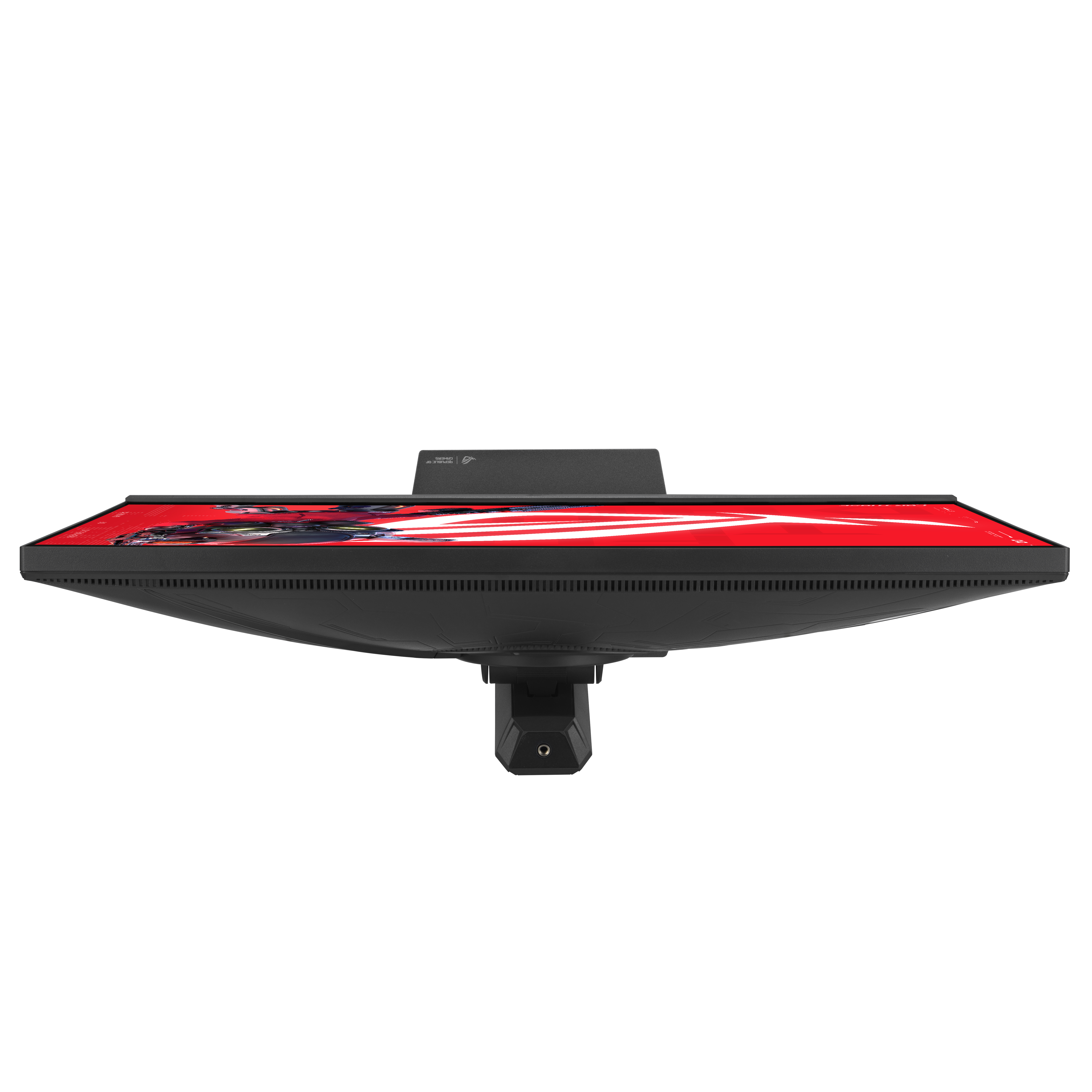 Draufsicht auf einen schwarzen Gaming-Monitor mit roter Anzeige. Der Ständer und die Rückseite sind schwarz.