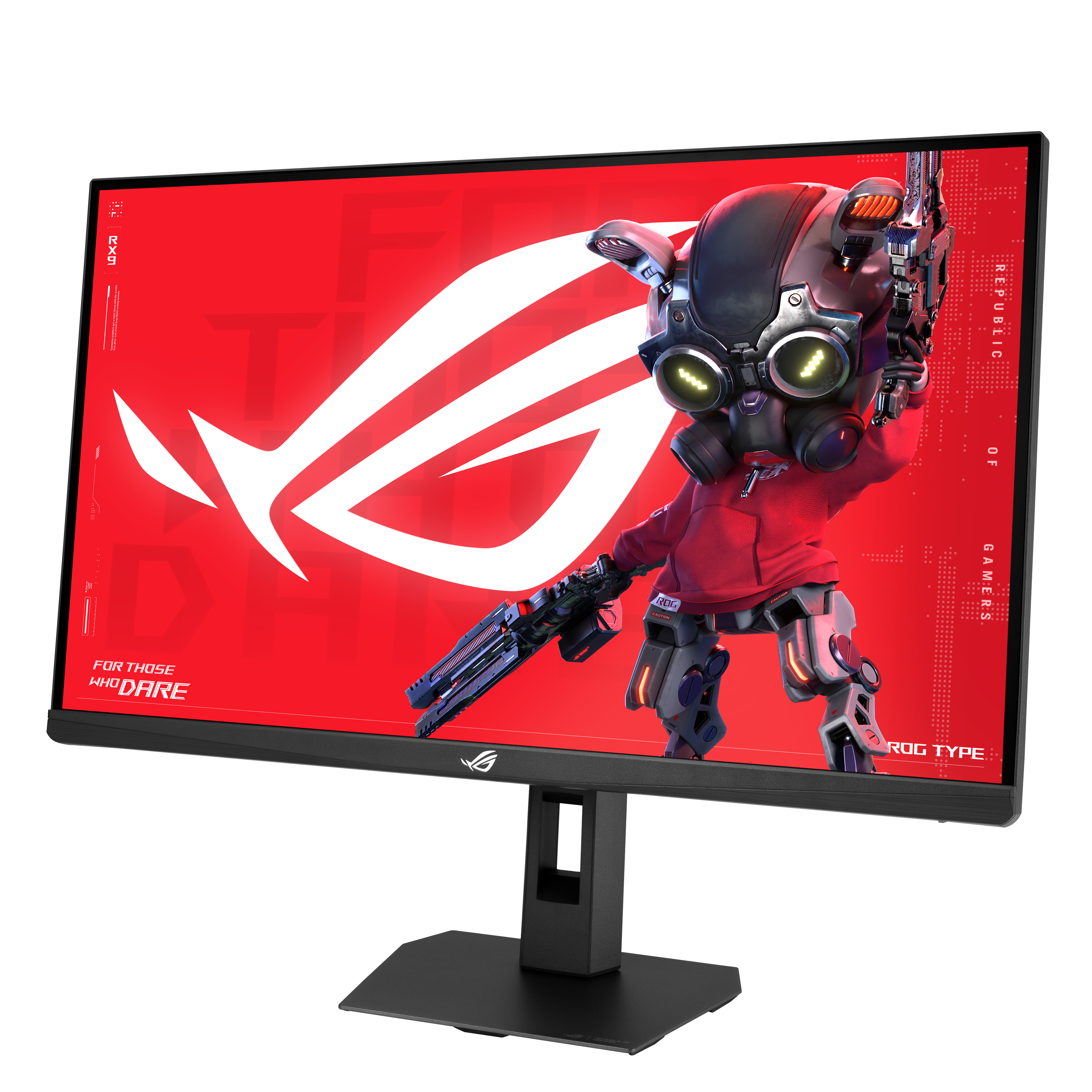 Ein Computermonitor zeigt einen Roboter mit einer Waffe vor rotem Hintergrund. Der Monitor steht auf einem schwarzen Ständer.