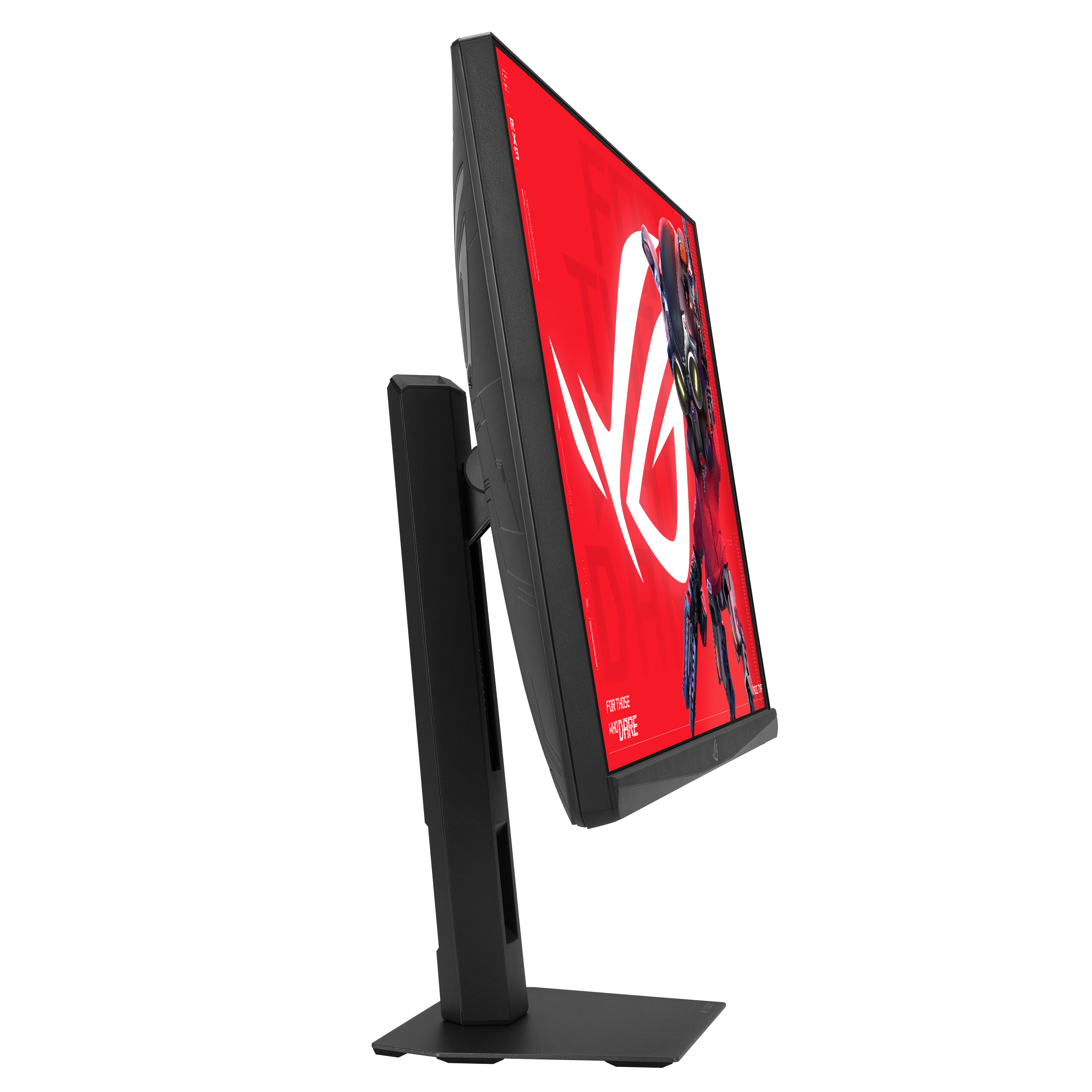 Ein schwarzer Computermonitor mit rotem Bildschirm und Grafiken sowie einem schwarzen Ständer auf schwarzem Hintergrund.