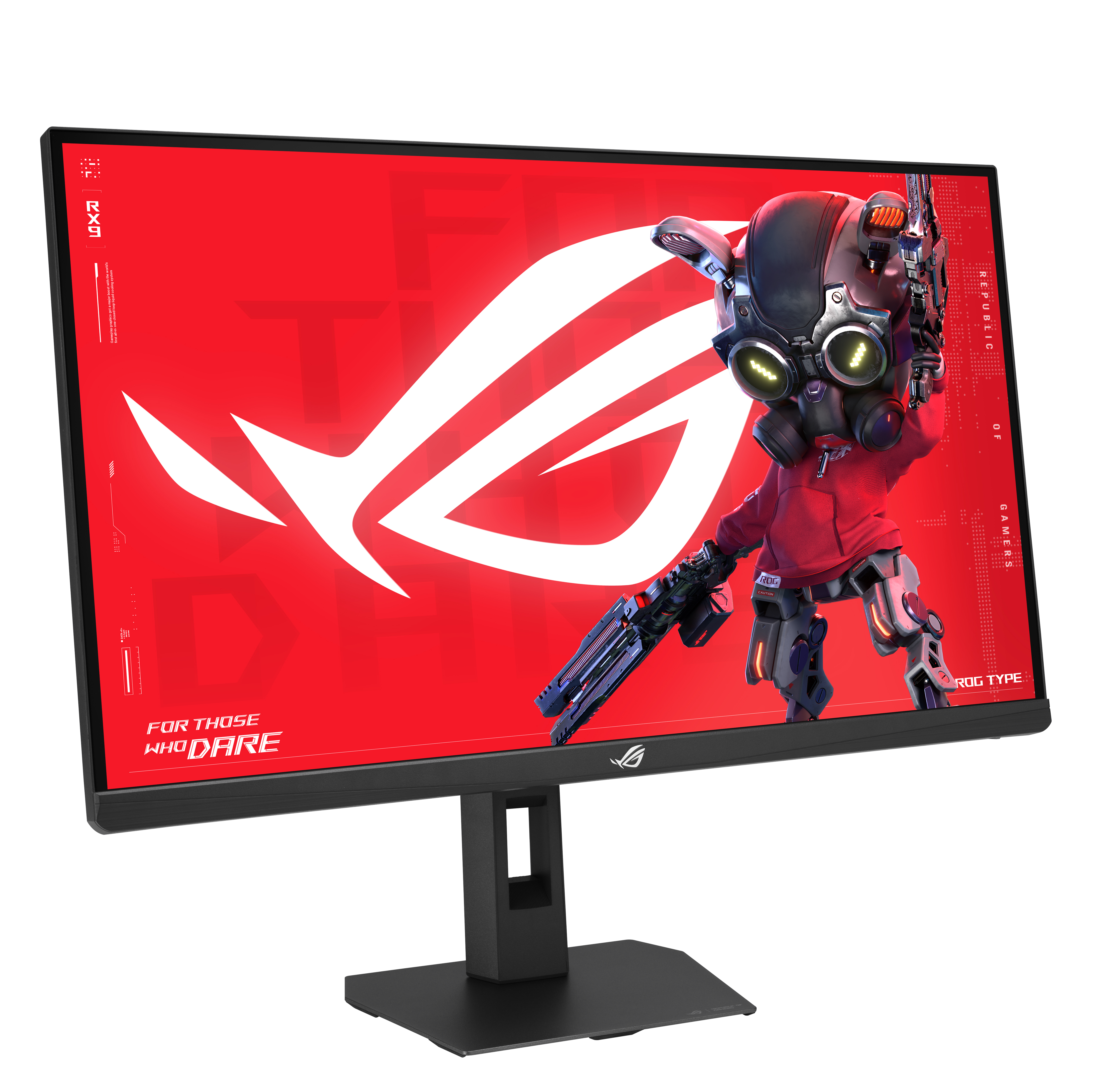 Ein Gaming-Monitor, der eine futuristische Figur auf rotem Hintergrund mit dem ROG-Logo zeigt. Der Monitor ist schwarz mit schwarzem Ständer.