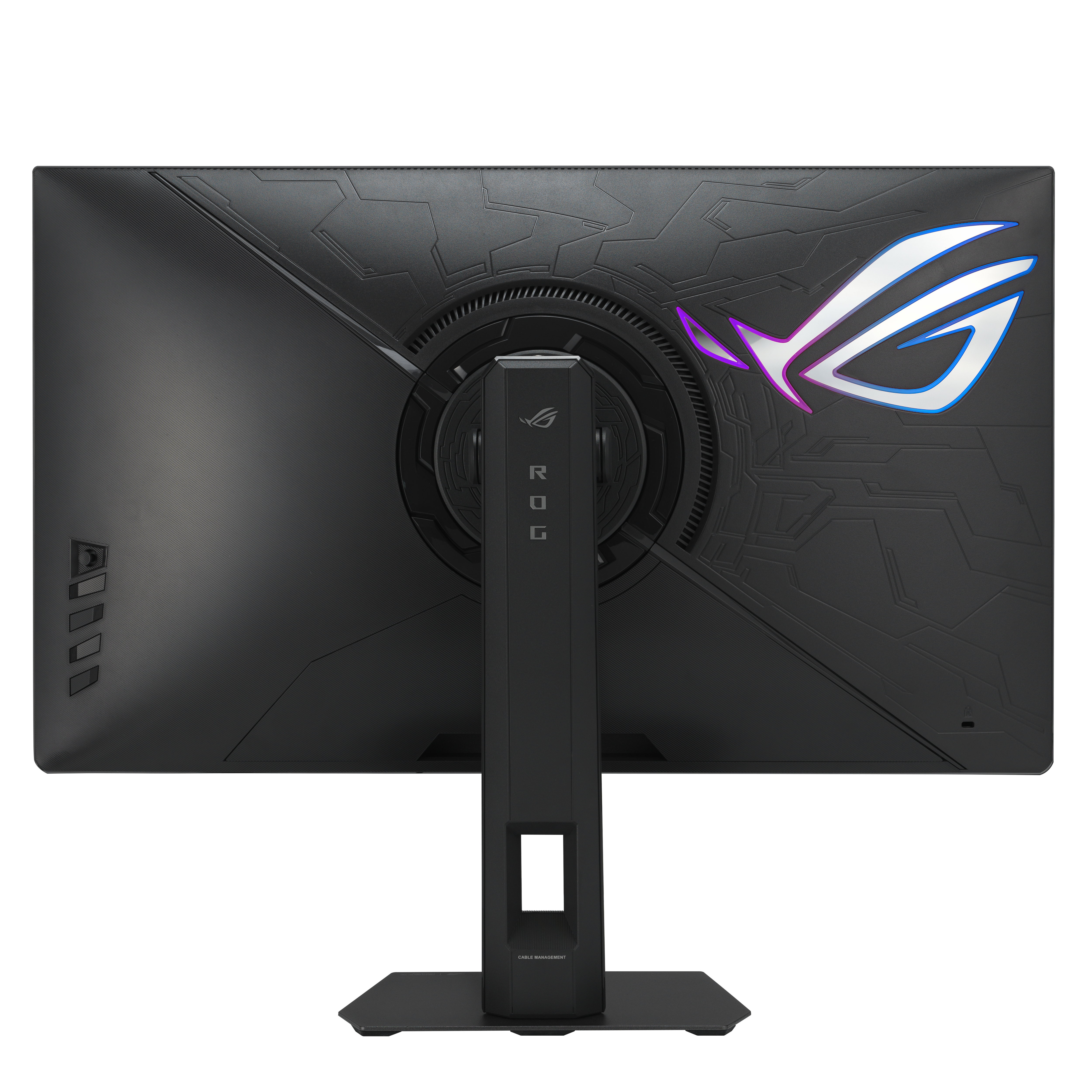 Schwarze Computermonitorrückseite mit ROG-Logo. Der Ständer und die Basis sind schwarz. Der Monitor hat eine strukturierte Oberfläche.