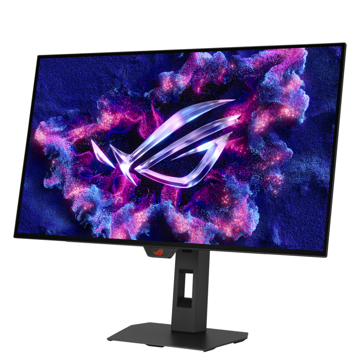 Ein Computermonitor zeigt ein farbenfrohes, abstraktes Bild mit dem ROG-Logo. Der Monitor ist schwarz und steht auf einem schwarzen Sockel.
