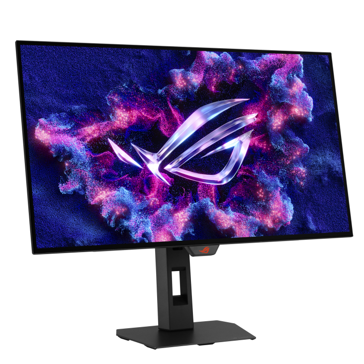 Ein Gaming-Monitor mit farbenfrohem, abstraktem Hintergrund und ROG-Logo auf einem schwarzen Ständer.