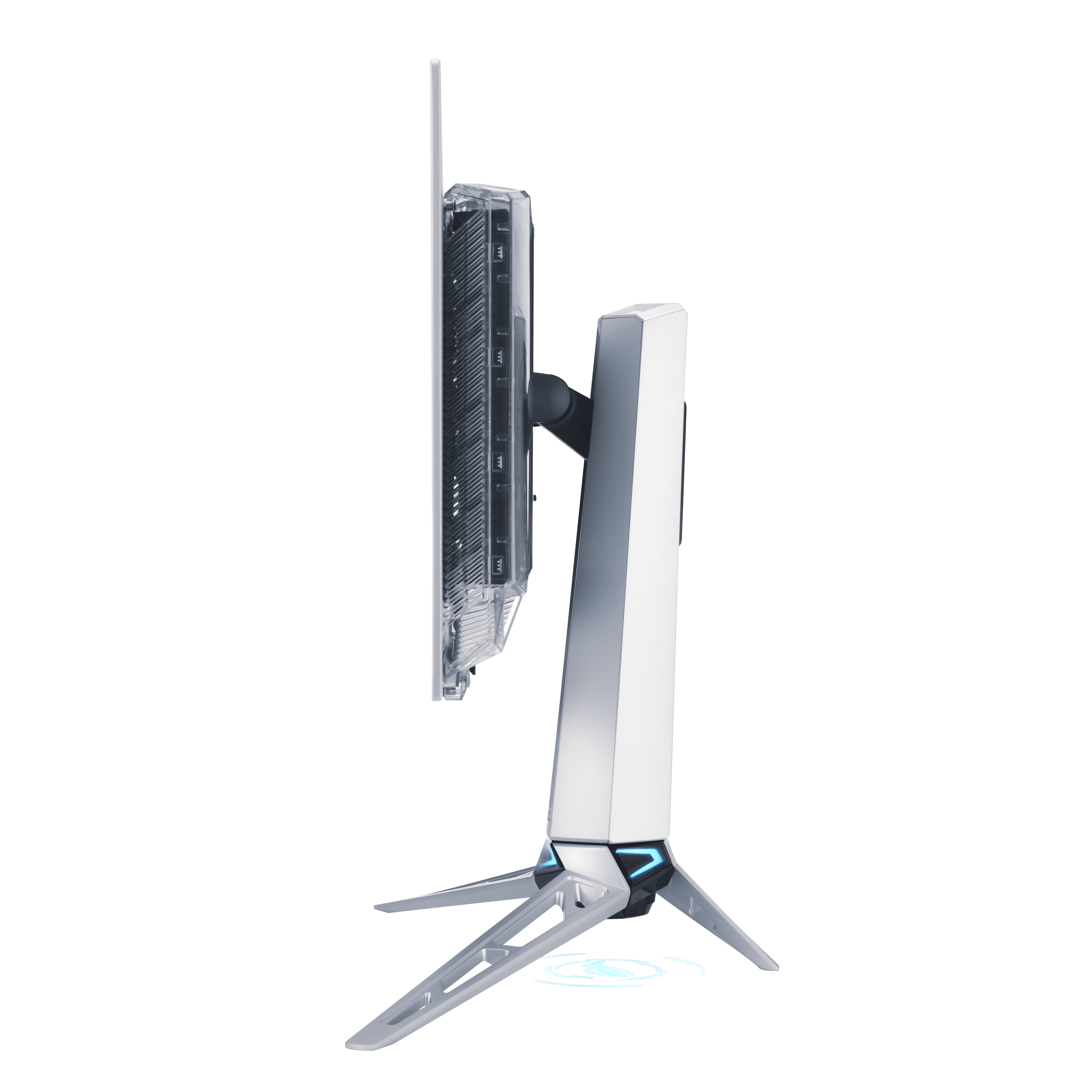 Seitenansicht eines weißen und silbernen Computermonitors. Er hat einen dreieckigen Ständer und einen dünnen Rahmen.