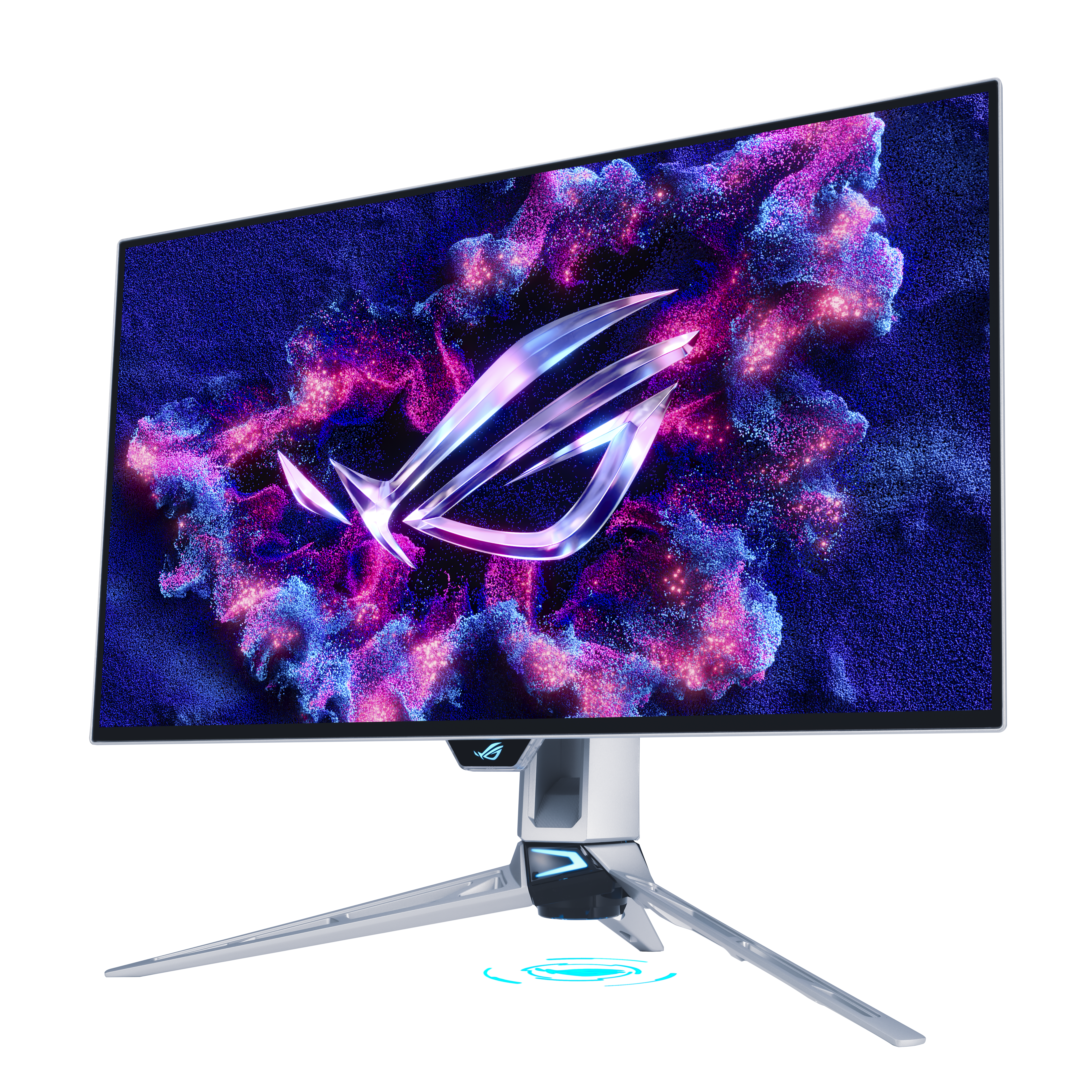 Ein gebogener Monitor mit lebendigem, nebelartigem Display. Der Monitor hat einen silbernen Ständer. Das ROG-Logo ist prominent.