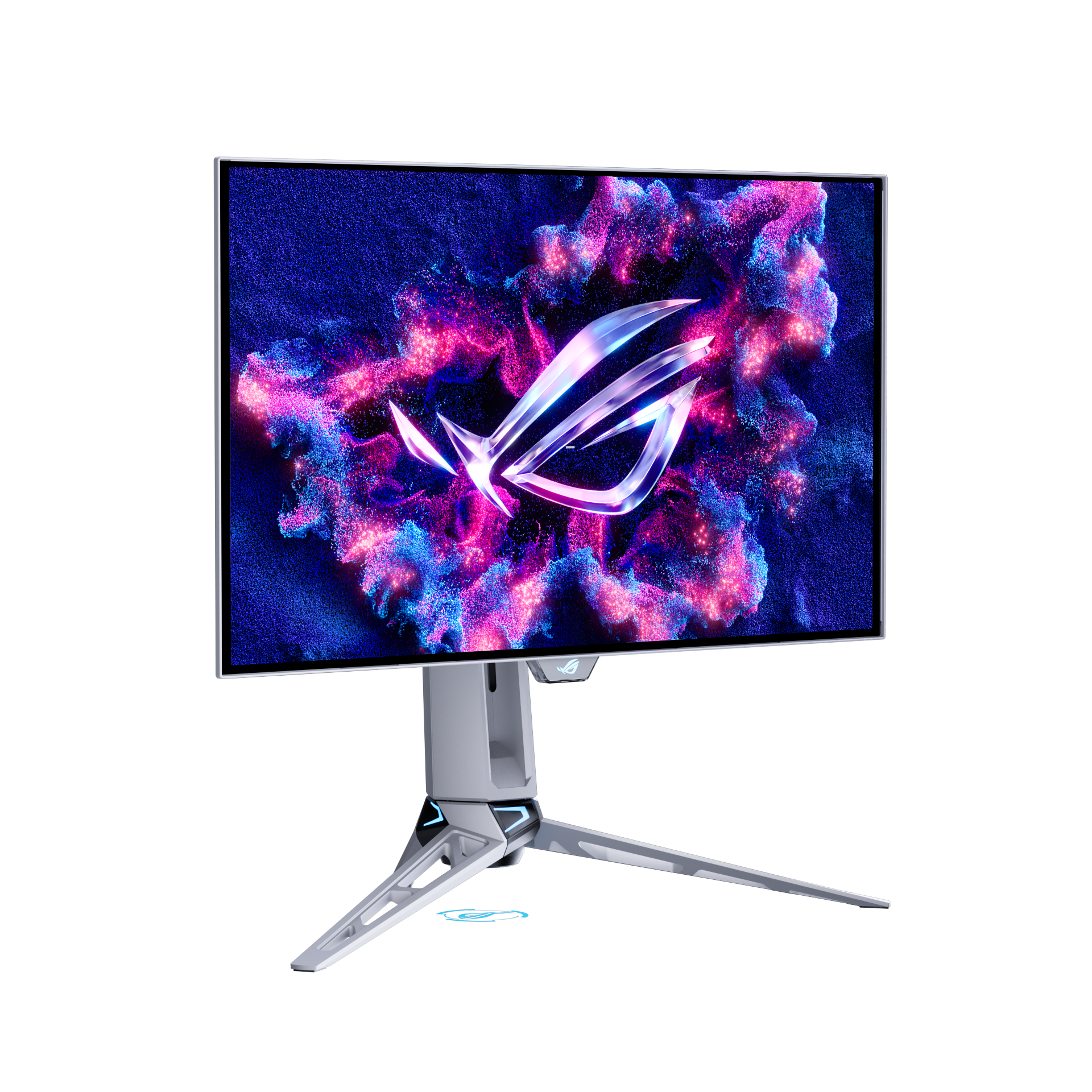 Gaming-Monitor auf Ständer, schwarzer Hintergrund. Bildschirm zeigt Logo und wirbelnde blaue, rosa Partikel.