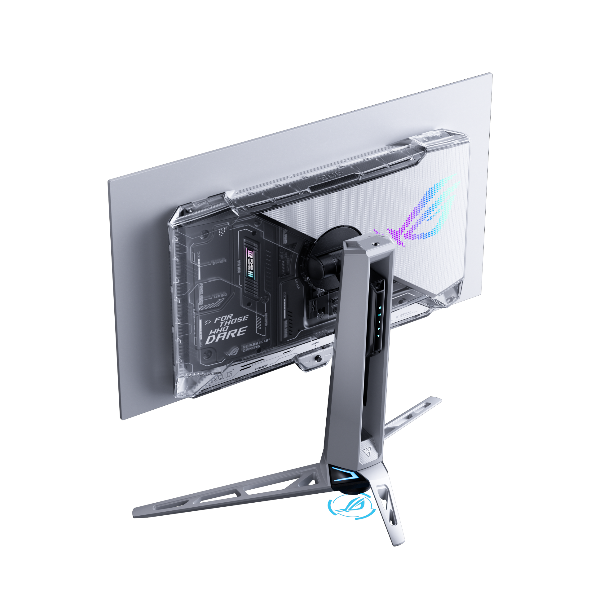 Die Rückseite eines Gaming-Monitors mit weißer Rückwand und klarer Kunststoffabdeckung. Der Ständer ist weiß und grau.
