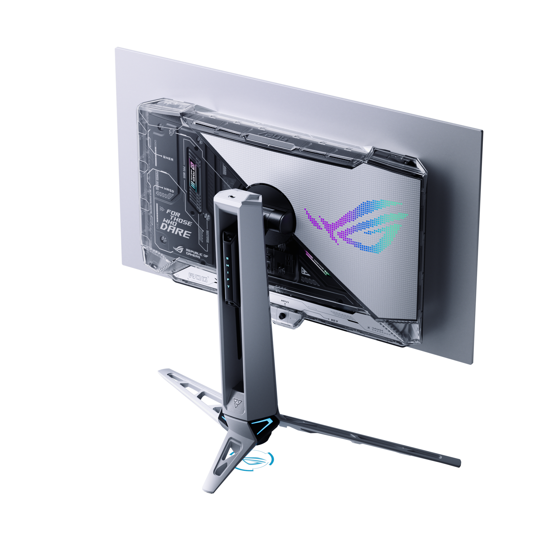 Ein Gaming-Monitor mit weißem Bildschirm, transparentem Rücken und Ständer. Das ROG-Logo ist auf der Rückseite sichtbar.