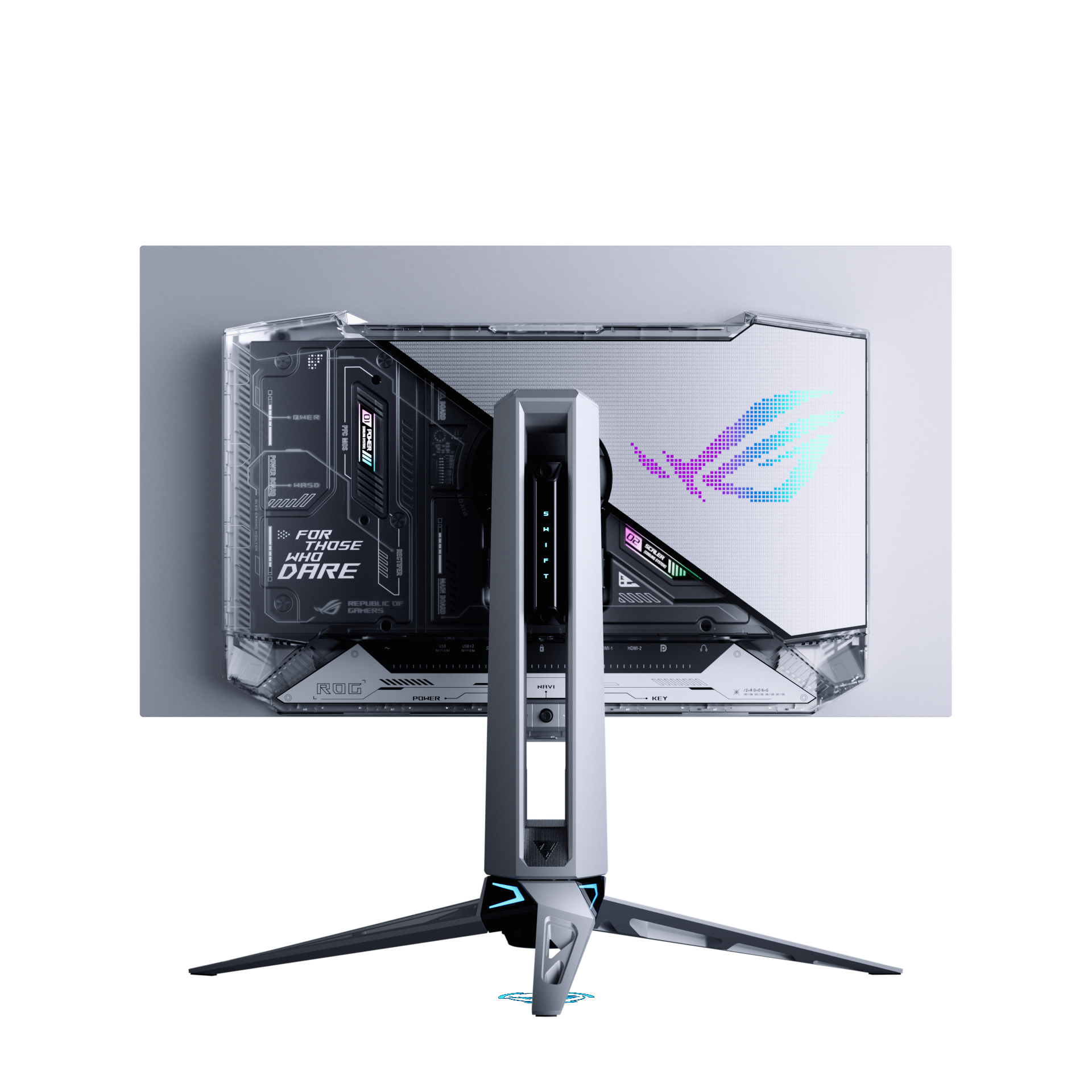 Die Rückseite eines Gaming-Monitors mit weißem und grauem Design, einem Ständer und dem Satz "For Those Who Dare".