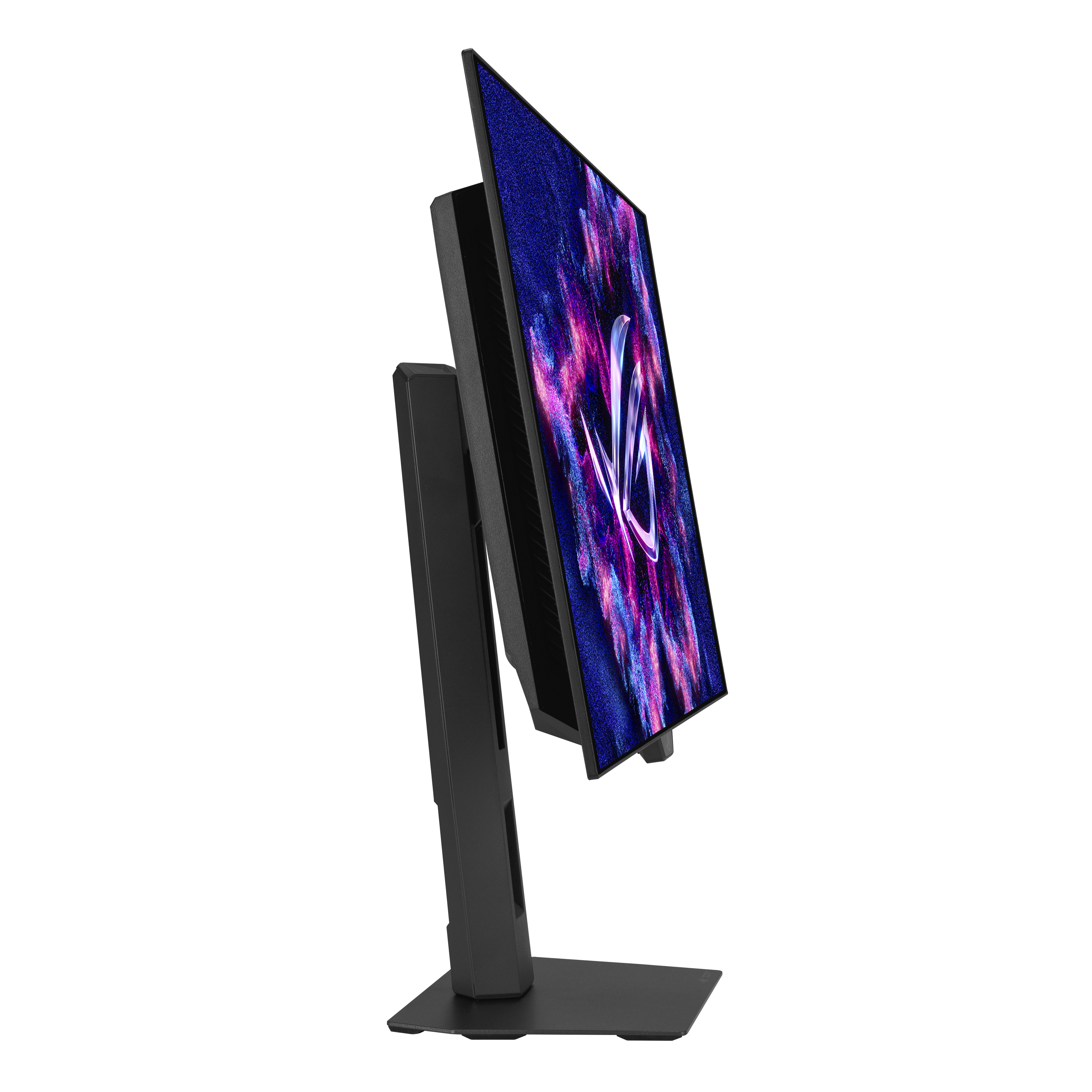Ein schwarzer Computermonitor mit farbenfrohem Muster steht auf einem Ständer vor schwarzem Hintergrund.