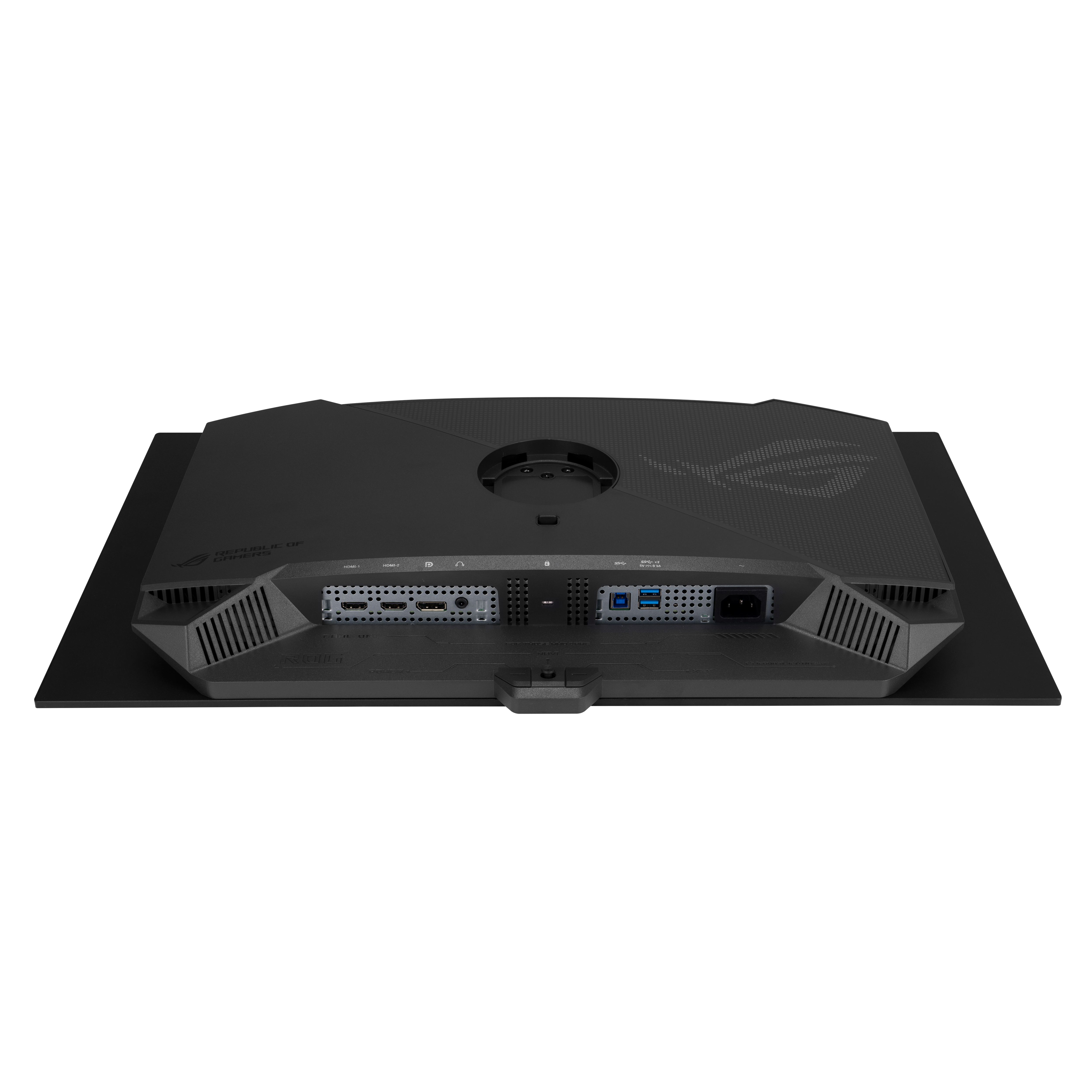 Die Rückseite eines schwarzen Computermonitors mit verschiedenen Anschlüssen und Logos auf schwarzem Hintergrund.