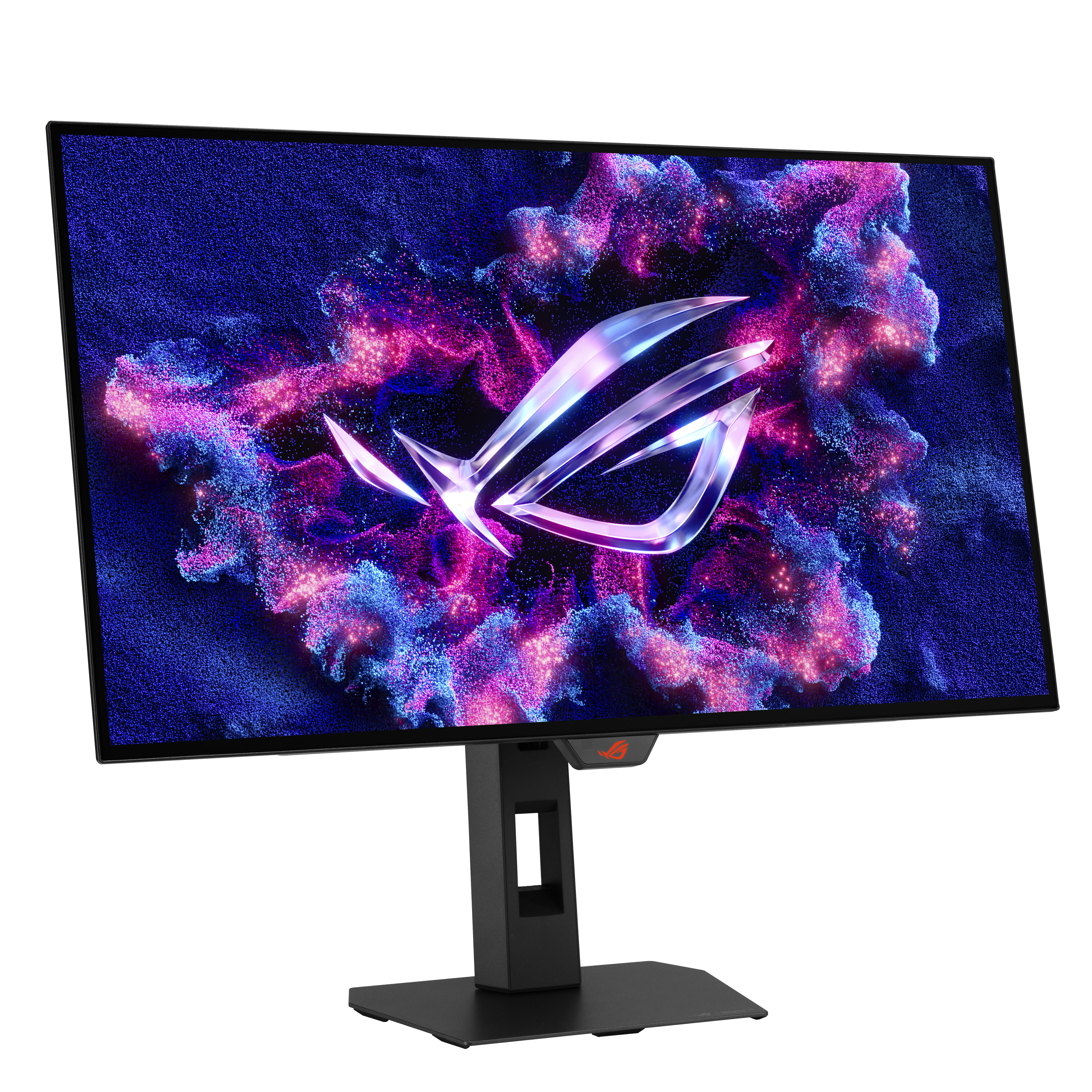 Ein schwarzer ROG-Gaming-Monitor zeigt ein farbenfrohes, abstraktes Design. Er hat einen Ständer und eine Basis. Das ROG-Logo befindet sich oben auf dem Monitor.