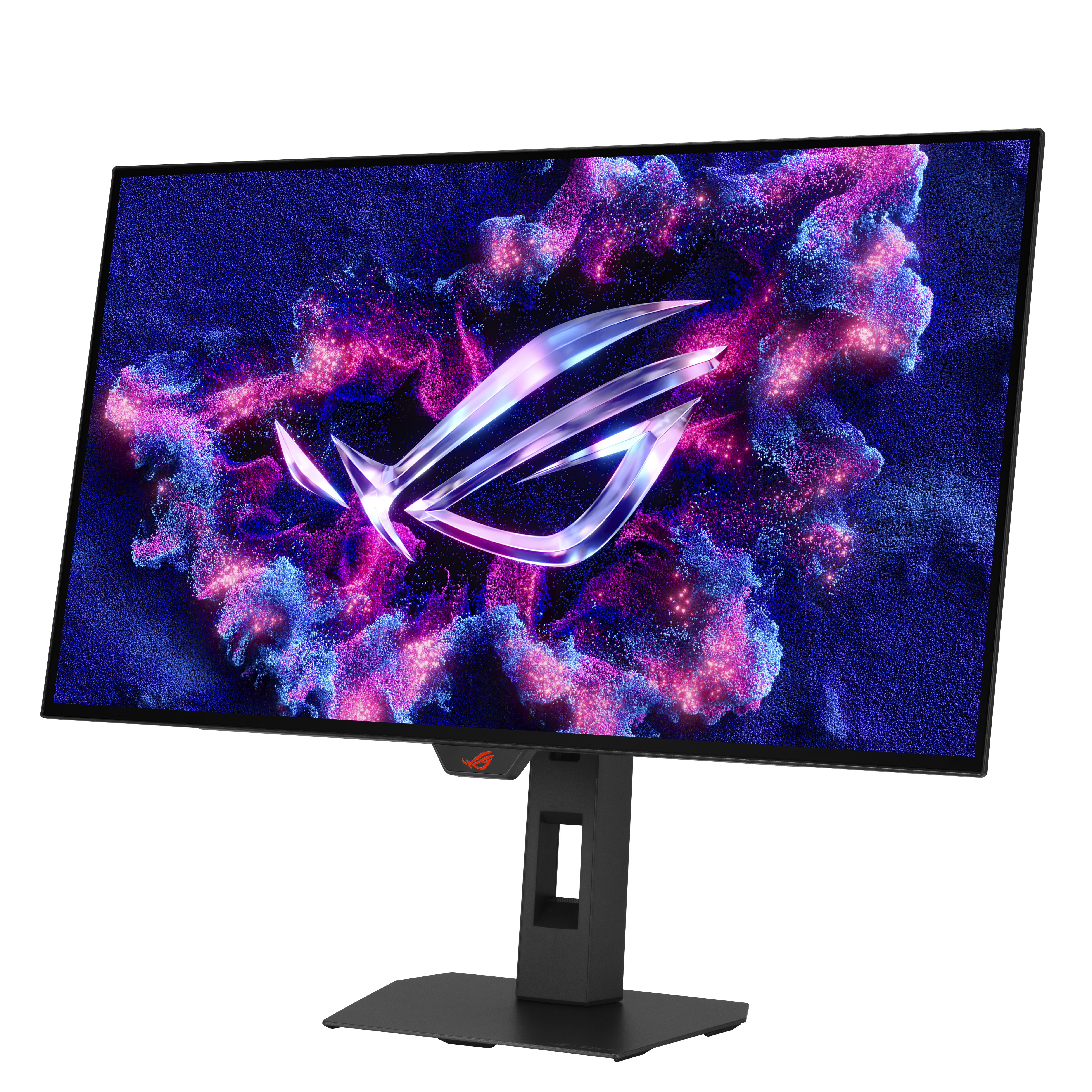 Ein Computermonitor mit dunklem Bildschirm, der ein Logo anzeigt. Der Ständer ist schwarz. Der Hintergrund ist weiß.
