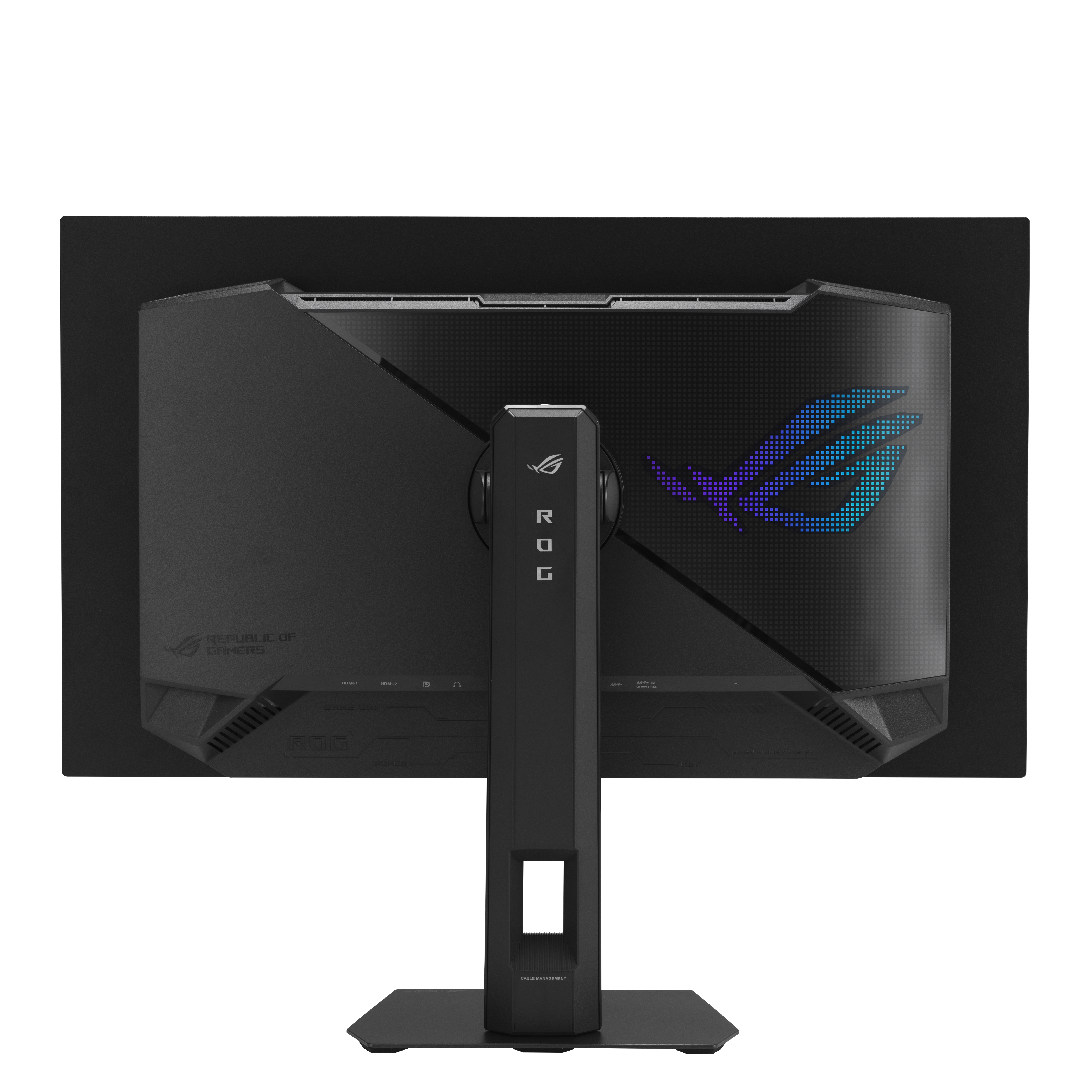 Die Rückseite eines schwarzen ROG-Gaming-Monitors. Er hat einen Ständer, das ROG-Logo und verschiedene Anschlüsse. Der Bildschirm ist schwarz, mit einem Logo.