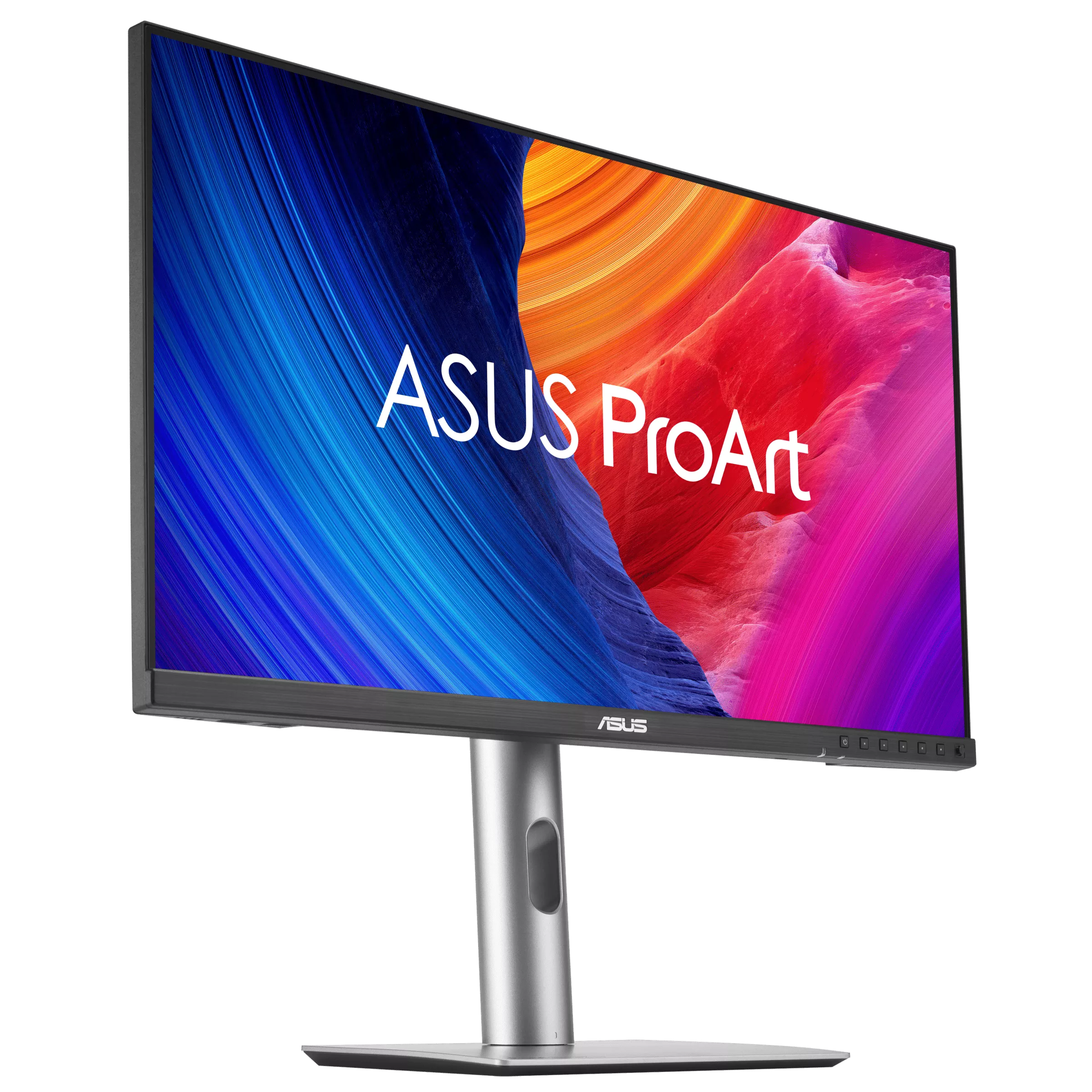 ASUS ProArt Monitor auf einem Ständer. Der Bildschirm zeigt ein buntes abstraktes Design. Schwarzer Hintergrund.