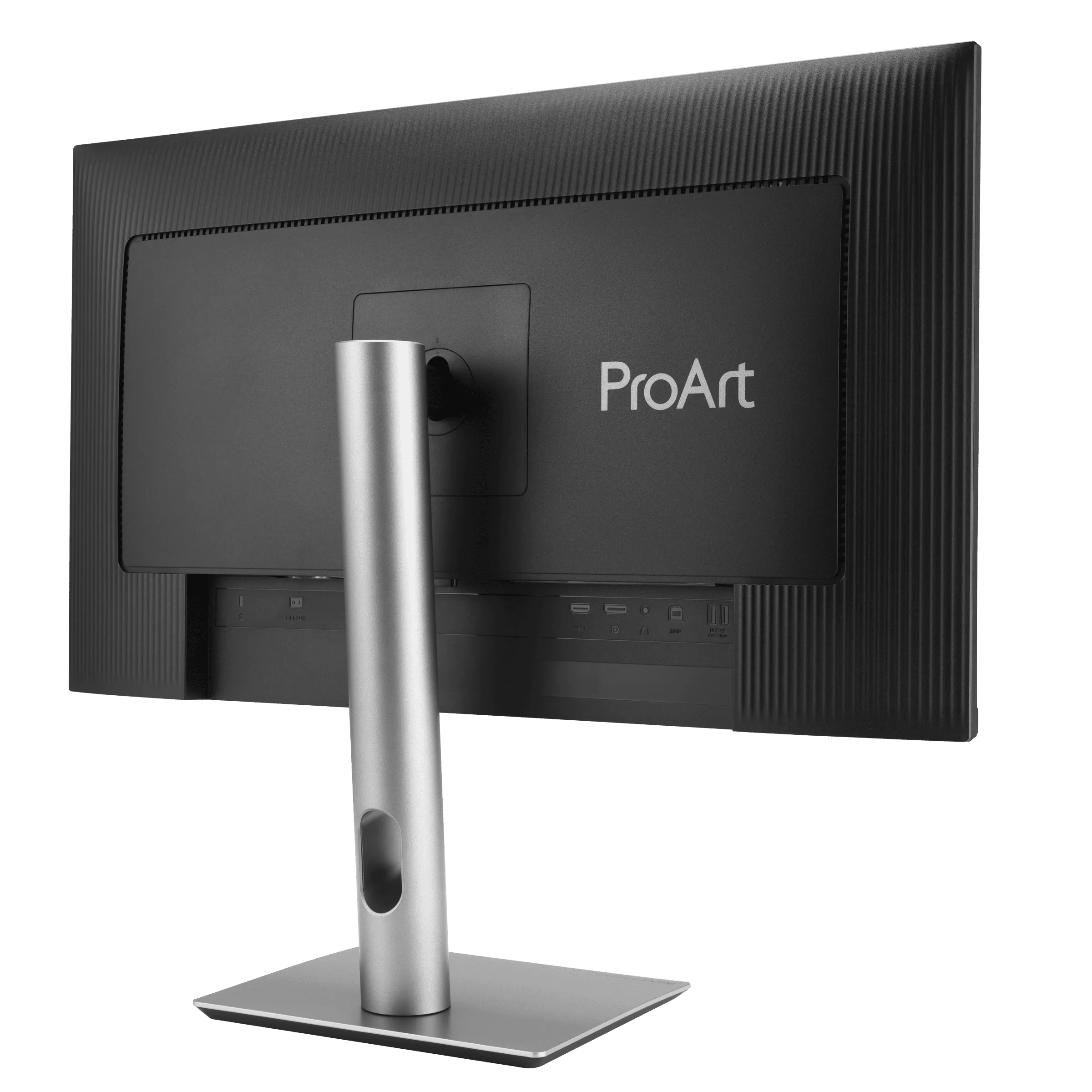 Rückseite eines schwarzen ProArt-Monitors. Er hat einen silbernen Ständer und einen schwarzen Hintergrund.