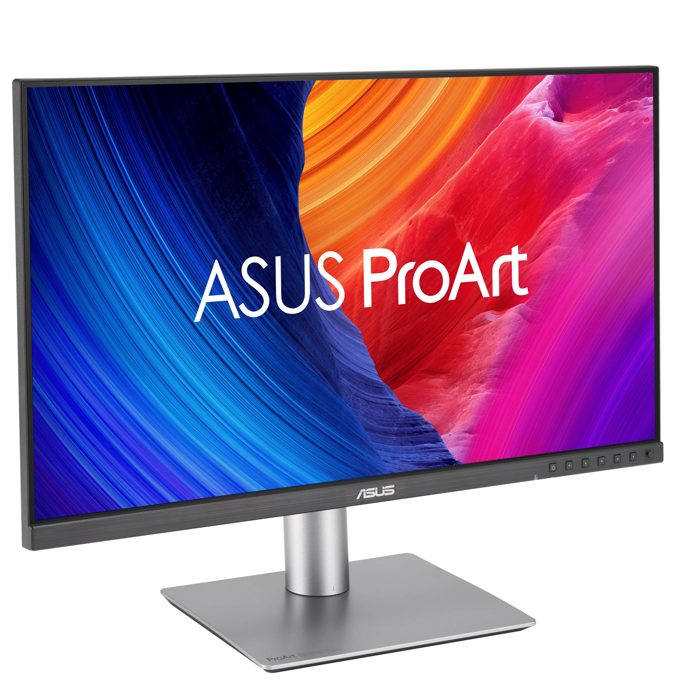 ASUS ProArt Monitor. Der Bildschirm zeigt ein buntes abstraktes Muster. Ein silberner Ständer trägt den Monitor auf schwarzem Hintergrund.