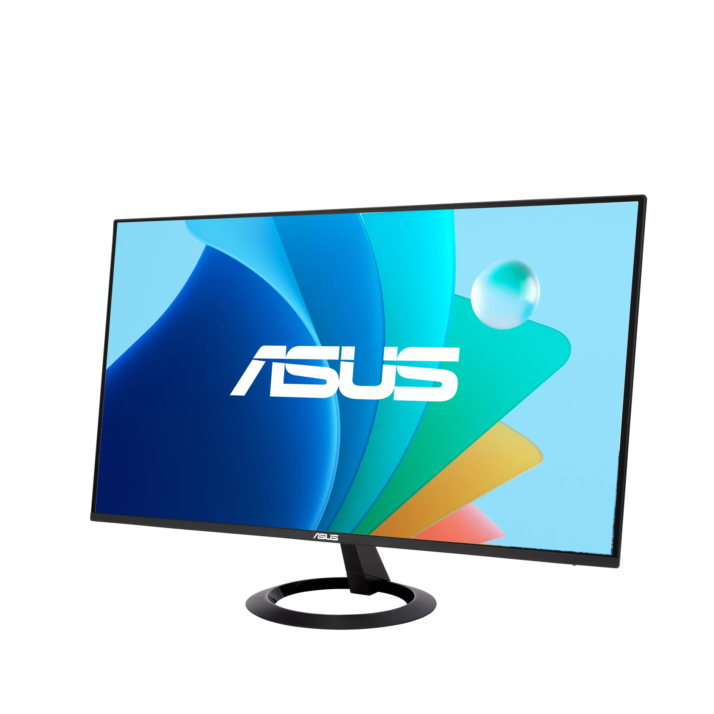 Ein ASUS-Monitor mit blauem und grünem abstraktem Hintergrund. Der Monitor steht auf einem schwarzen Ständer.