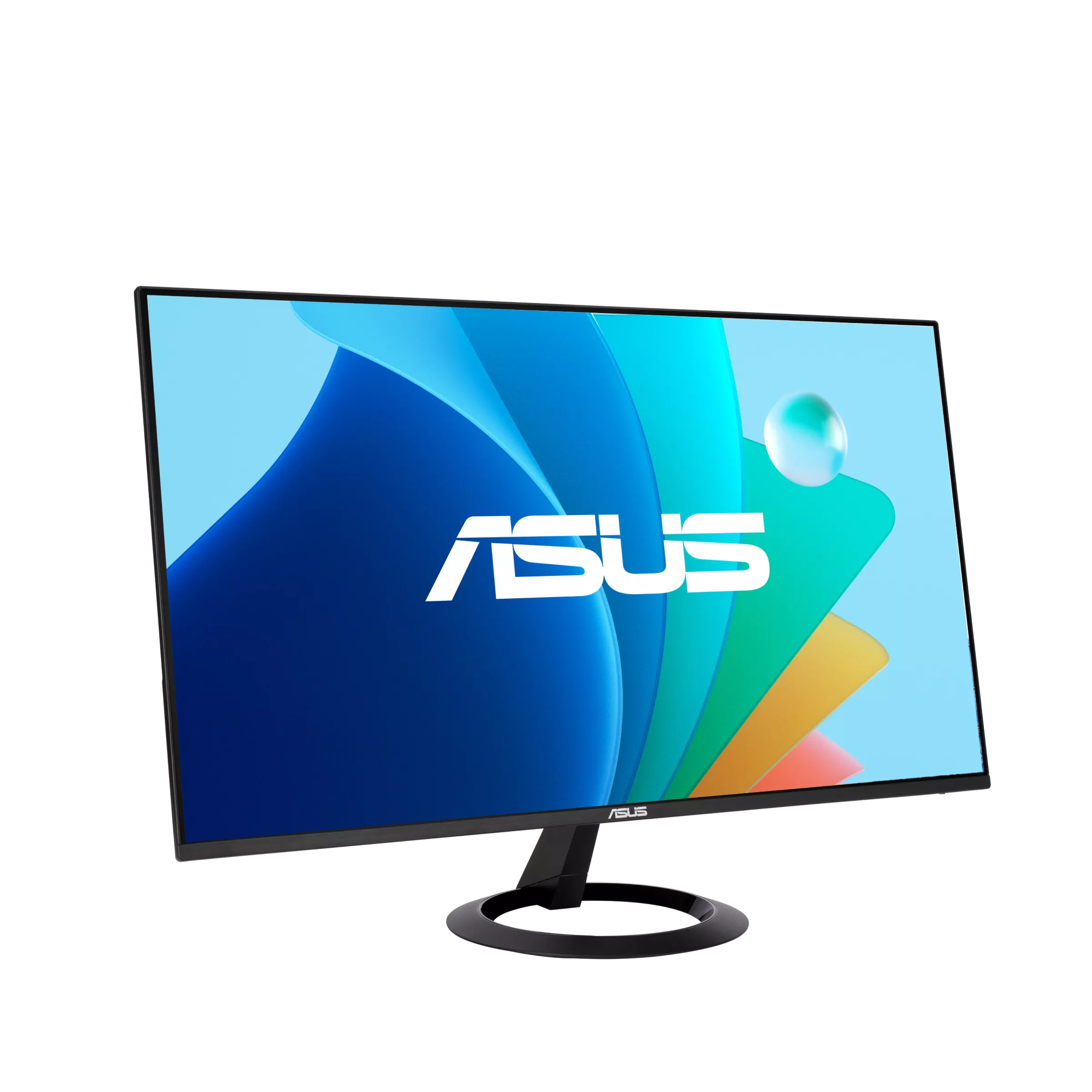 Ein ASUS-Monitor mit gebogenem Bildschirm, mit farbenfrohem, abstraktem Hintergrund und ASUS-Logo, auf schwarzem Grund.