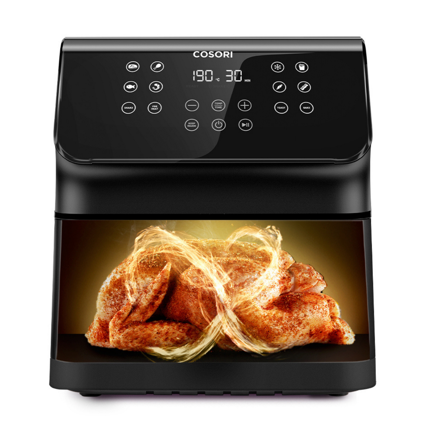 Freidora de aire negra con pollo dentro. La pantalla muestra la configuración. La freidora tiene botones para diferentes opciones de cocción.
