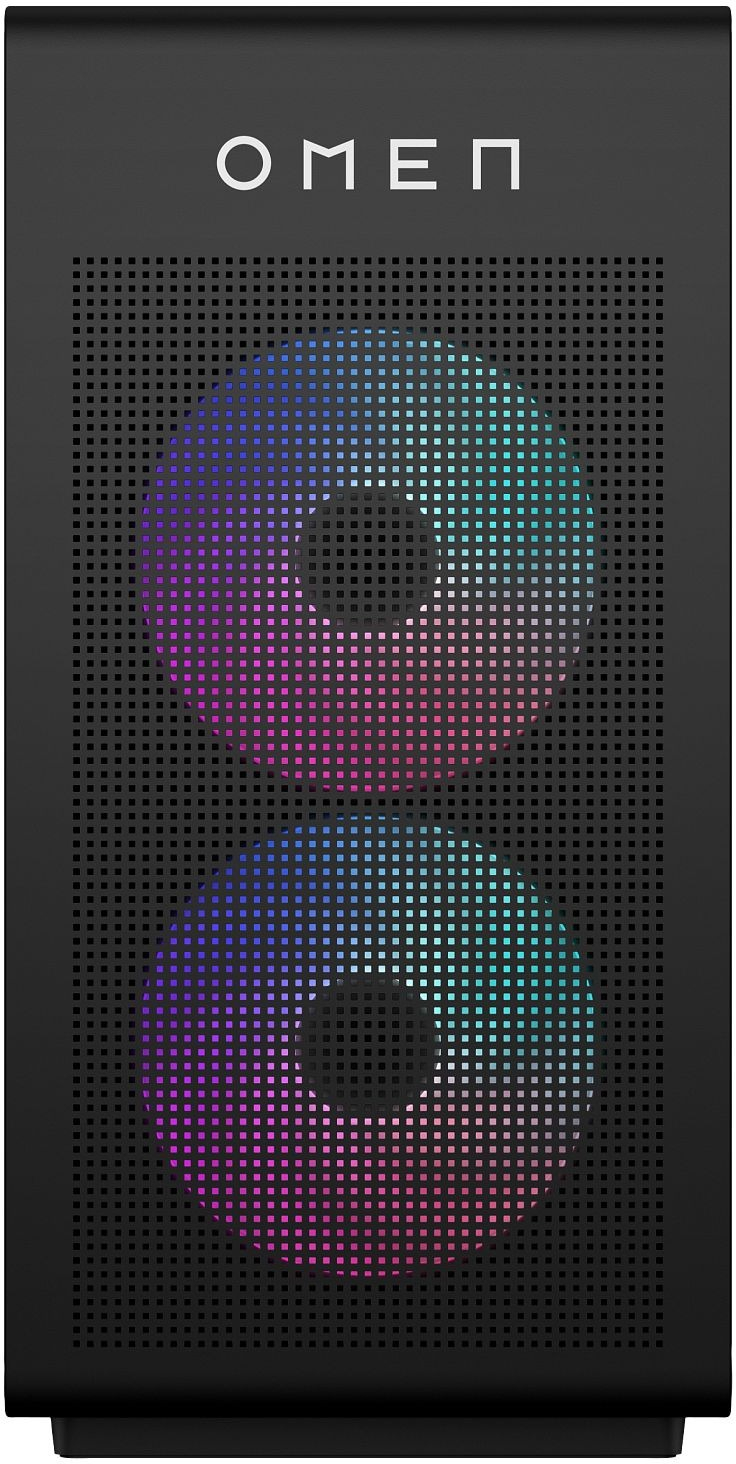 Black computer case with OMEN logo. Perforated front panel with colorful, circular lights.