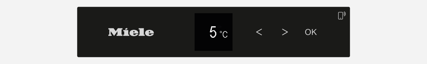 'Miele' yazan, 5°C sıcaklık gösteren, oklar ve 'OK' yazan siyah ekran. Bir telefon simgesi görünür.