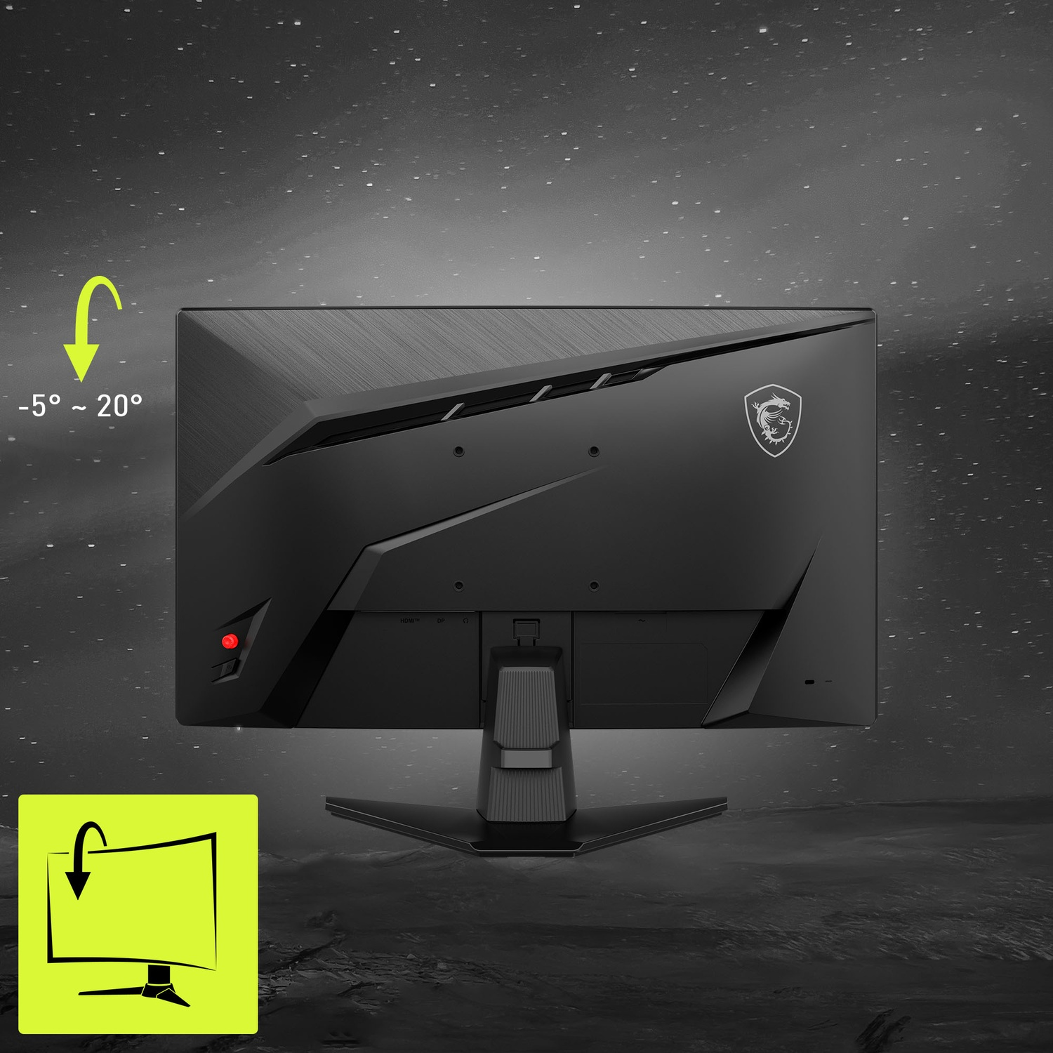 Retro del monitor MSI nero. Mostra il supporto, le porte e un logo. Lo schermo può essere inclinato tra -5 e 20 gradi.