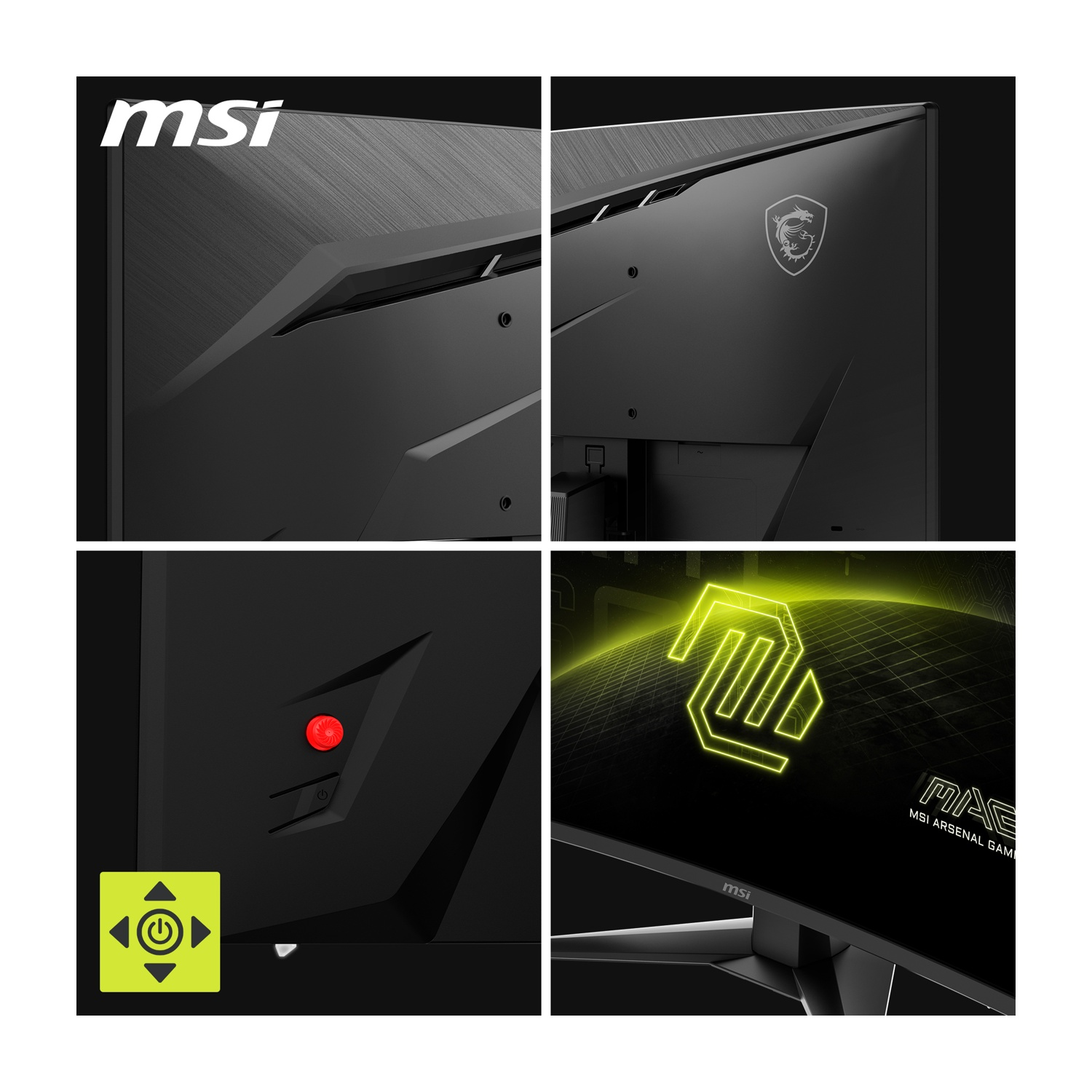 Quattro primi piani di un monitor MSI nero. Mostra il logo, il pannello posteriore con il drago e i pulsanti di controllo. Parte di MAG MSI ARSENAL GAMING.
