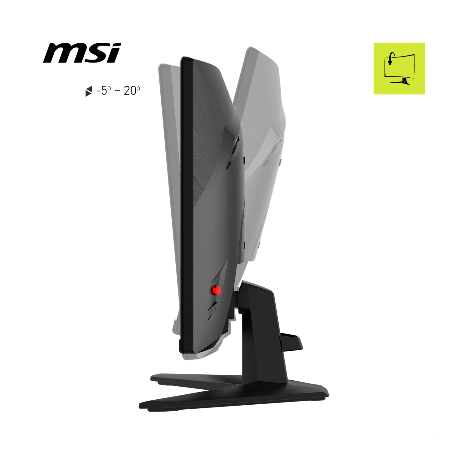 Vista laterale di un monitor MSI nero. È inclinato verso l'alto. Il supporto è nero. Lo sfondo è bianco.