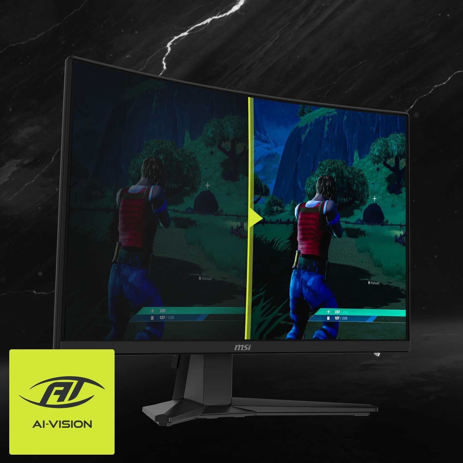 Un monitor MSI curvo mostra una scena di gioco. Un personaggio con un gilet rosso mira con una pistola. Il monitor mostra un confronto prima-dopo.