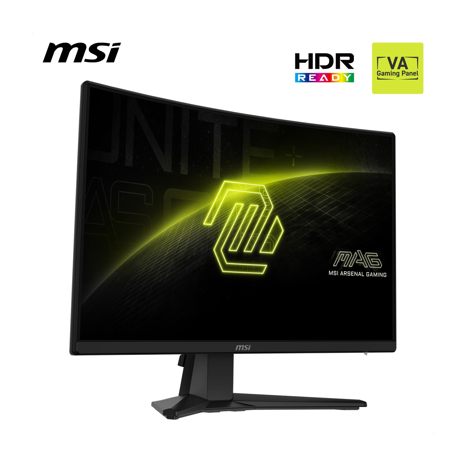 Monitor gaming curvo MSI. Schermo nero con logo giallo, HDR Ready, pannello VA gaming. Supporto nero, sfondo bianco.