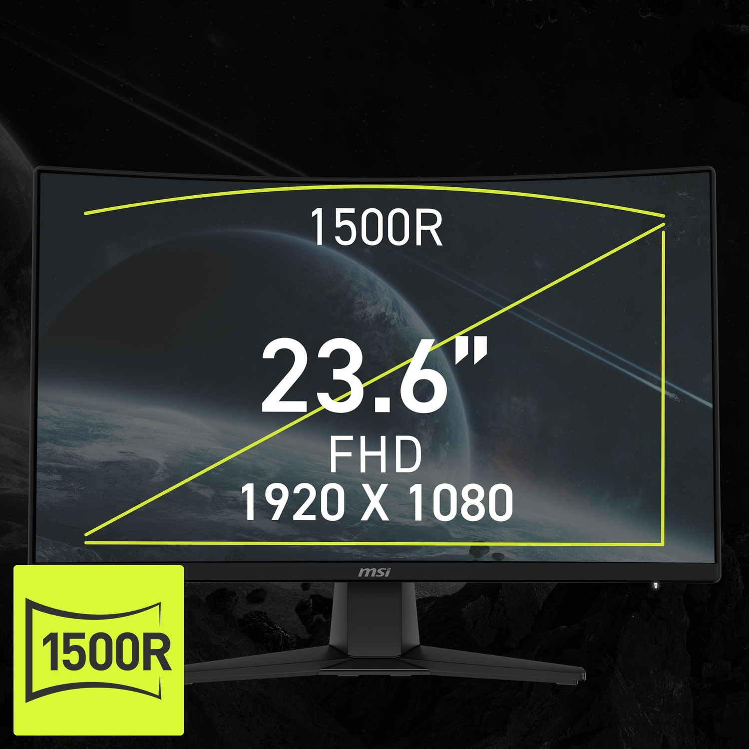 Monitor MSI curvo che mostra un'immagine del pianeta. Specifiche: 23,6", FHD, 1920x1080, 1500R. Cornice nera, supporto nero e logo verde lime.