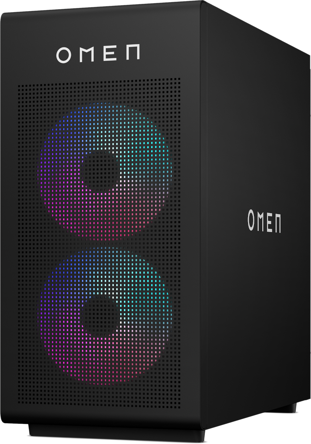 Black Omen PC case. Front features colorful lights through a perforated design. Omen logo is on the front and side in white.